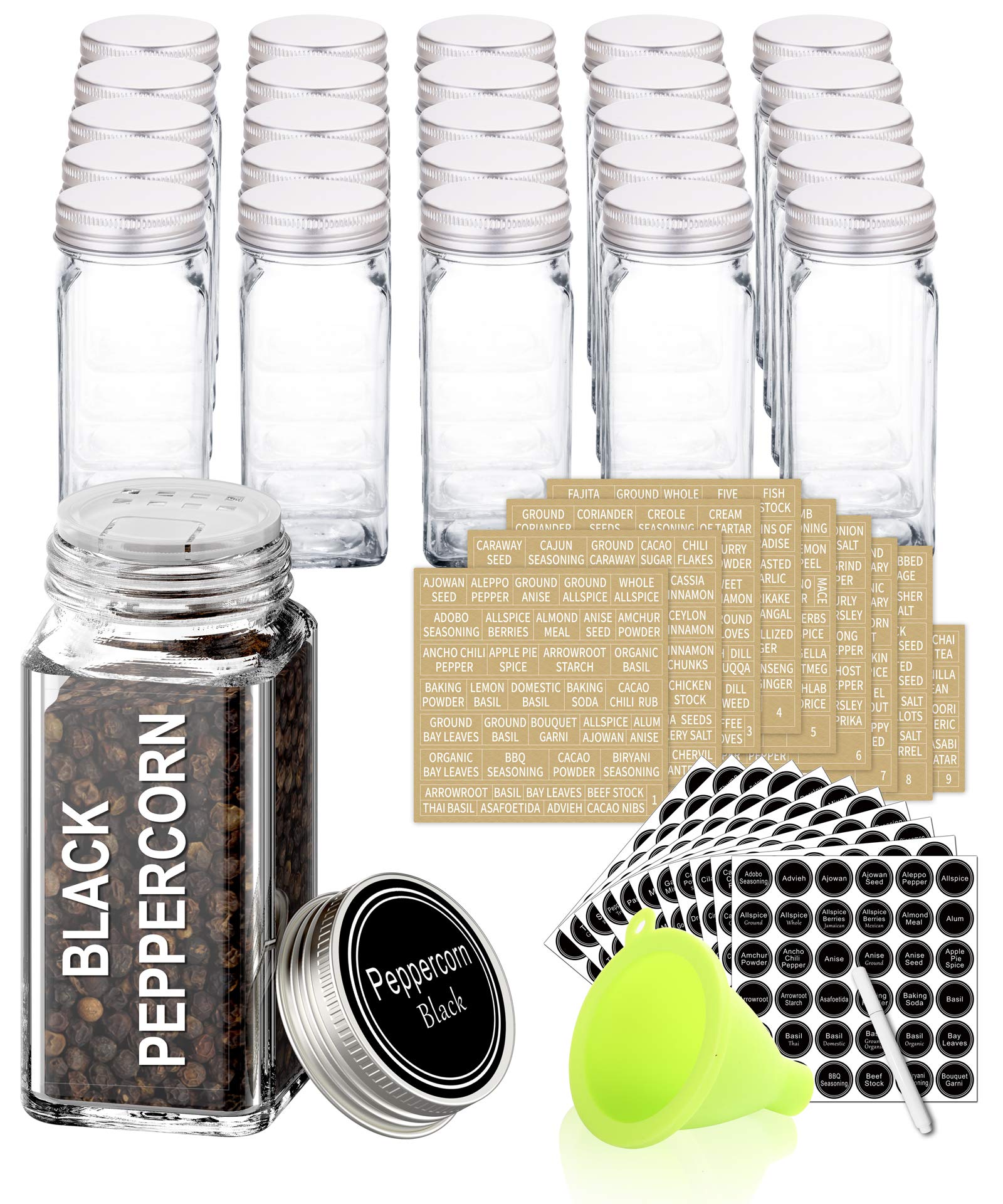 SWOMMOLY 25 Pcs 4 oz Glass Spice Jars with 703 Spice Labels and Shaker Lids