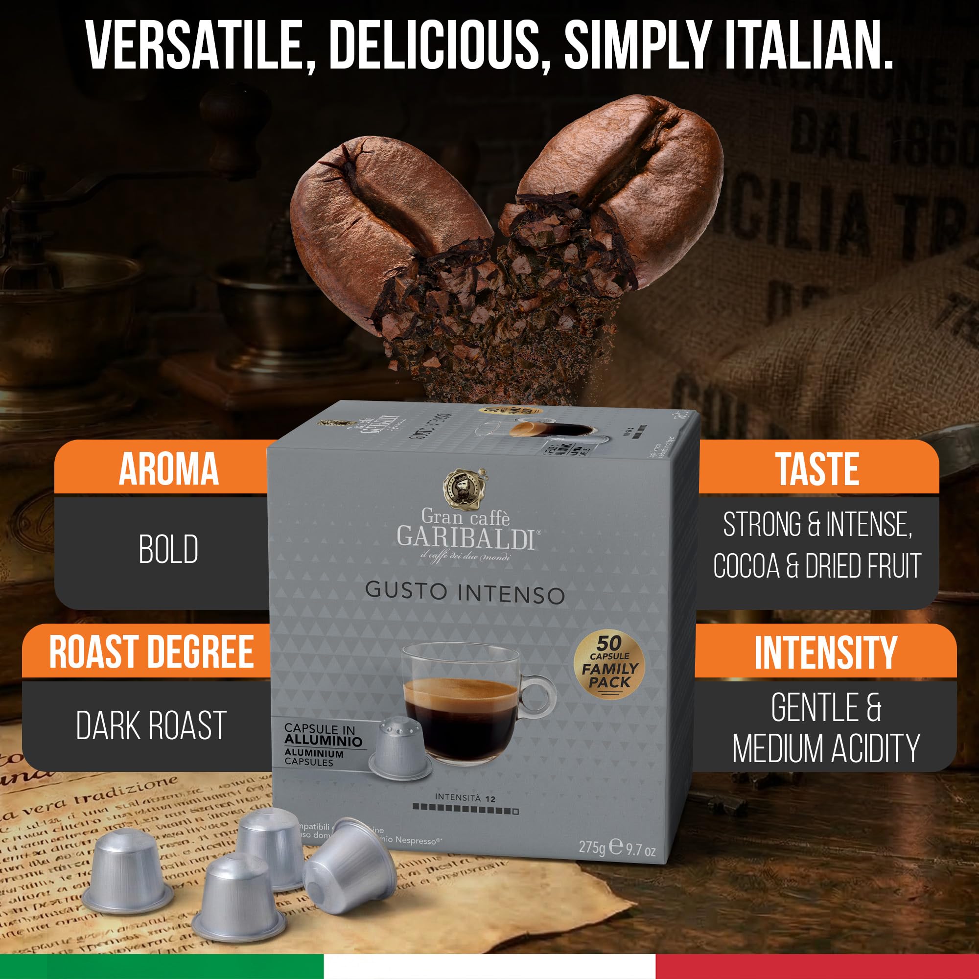 Gran Caffè Garibaldi Gusto Intenso Espresso Capsules, 50 Count Coffee Pods
