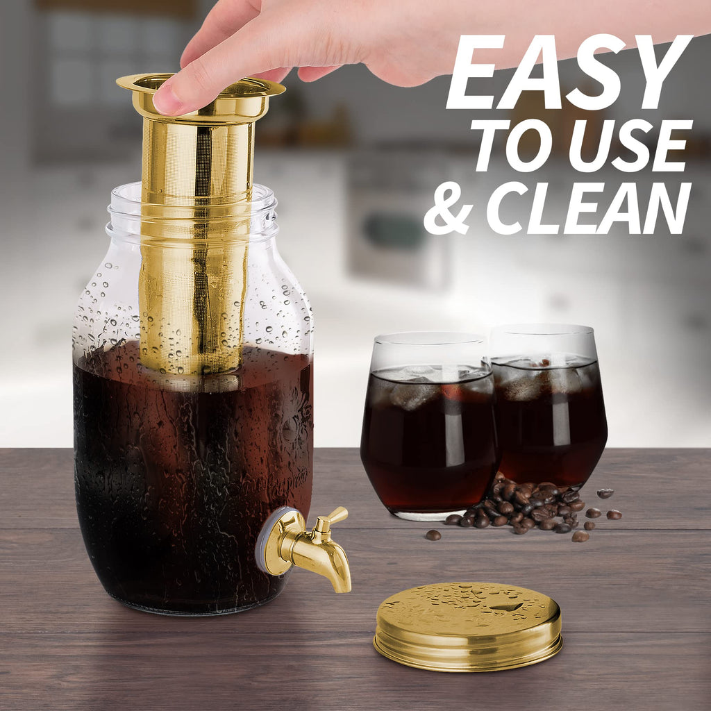 Zulay Kitchen 1.5 Liter Cold Brew Coffee Maker with EXTRA-THICK Glass Carafe & Stainless Steel Mesh Filter - Premium Iced Coffee Maker, Cold Brew Pitcher & Tea Infuser (Gold)…