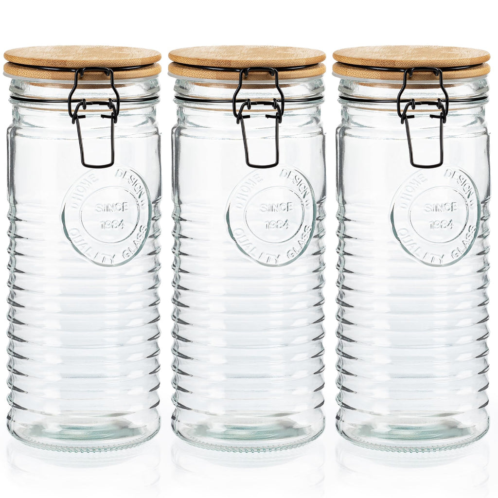kitchentoolz Tall Glass Pasta Storage Containers with Airtight Clasp Lids - Set of 3 Glass Spaghetti Storage Containers for - 56 Ounce Pantry Organizing Canister Set - 9.75 Inch Tall