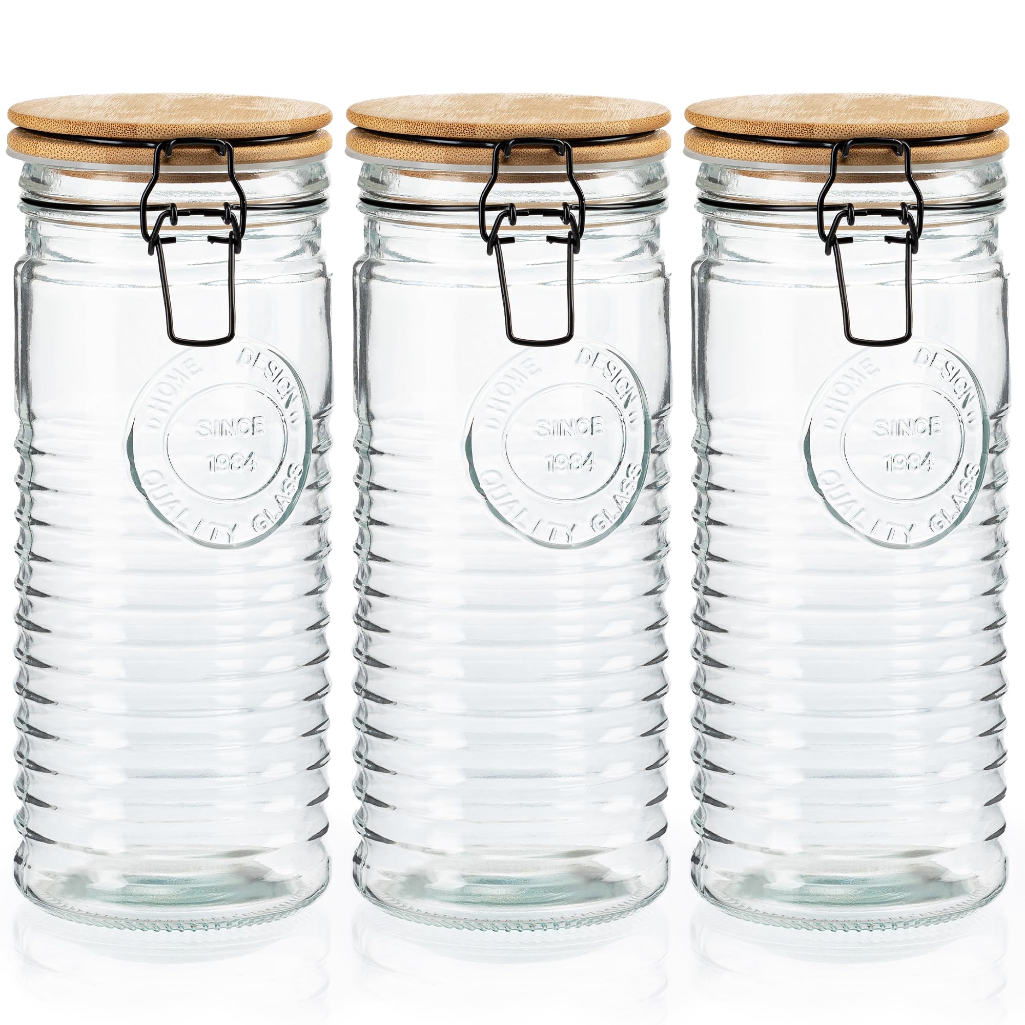 kitchentoolz Tall Glass Pasta Storage Containers with Airtight Clasp Lids - Set of 3 Glass Spaghetti Storage Containers for - 56 Ounce Pantry Organizing Canister Set - 9.75 Inch Tall