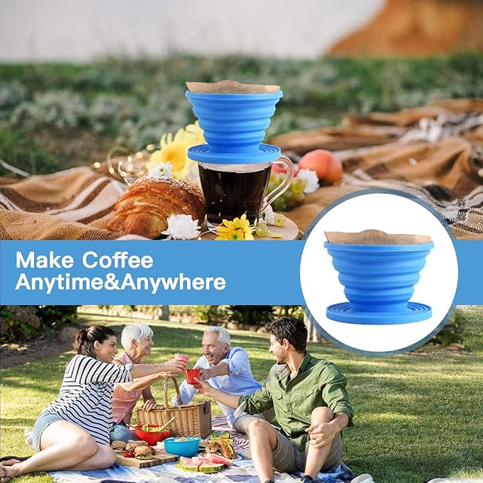Collapsible Pour Over Coffee Dripper Set - Silicone Reusable Cone Filter Holders with 100Pcs Paper Filters - For Home, Camping, Travel, Office (1, Blue)