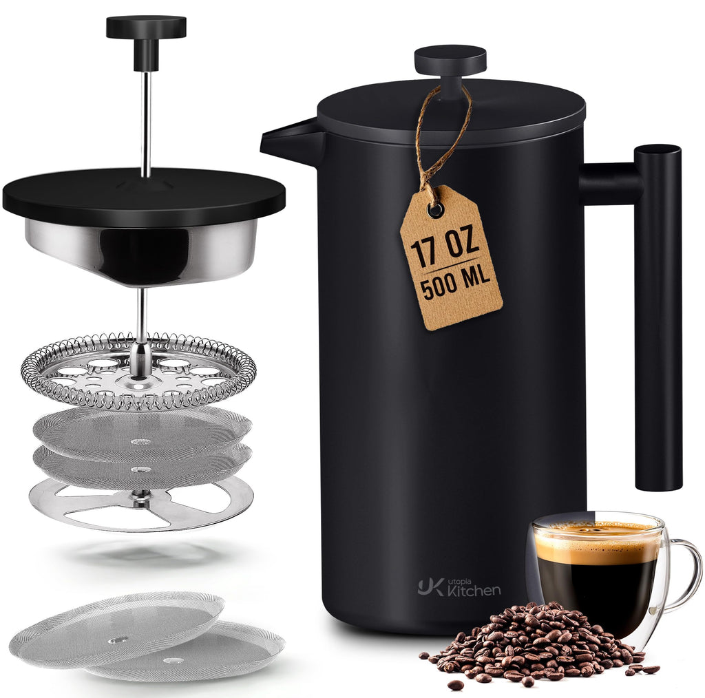 Utopia Kitchen 304 Grade Stainless Steel French Press 17 Oz, Black