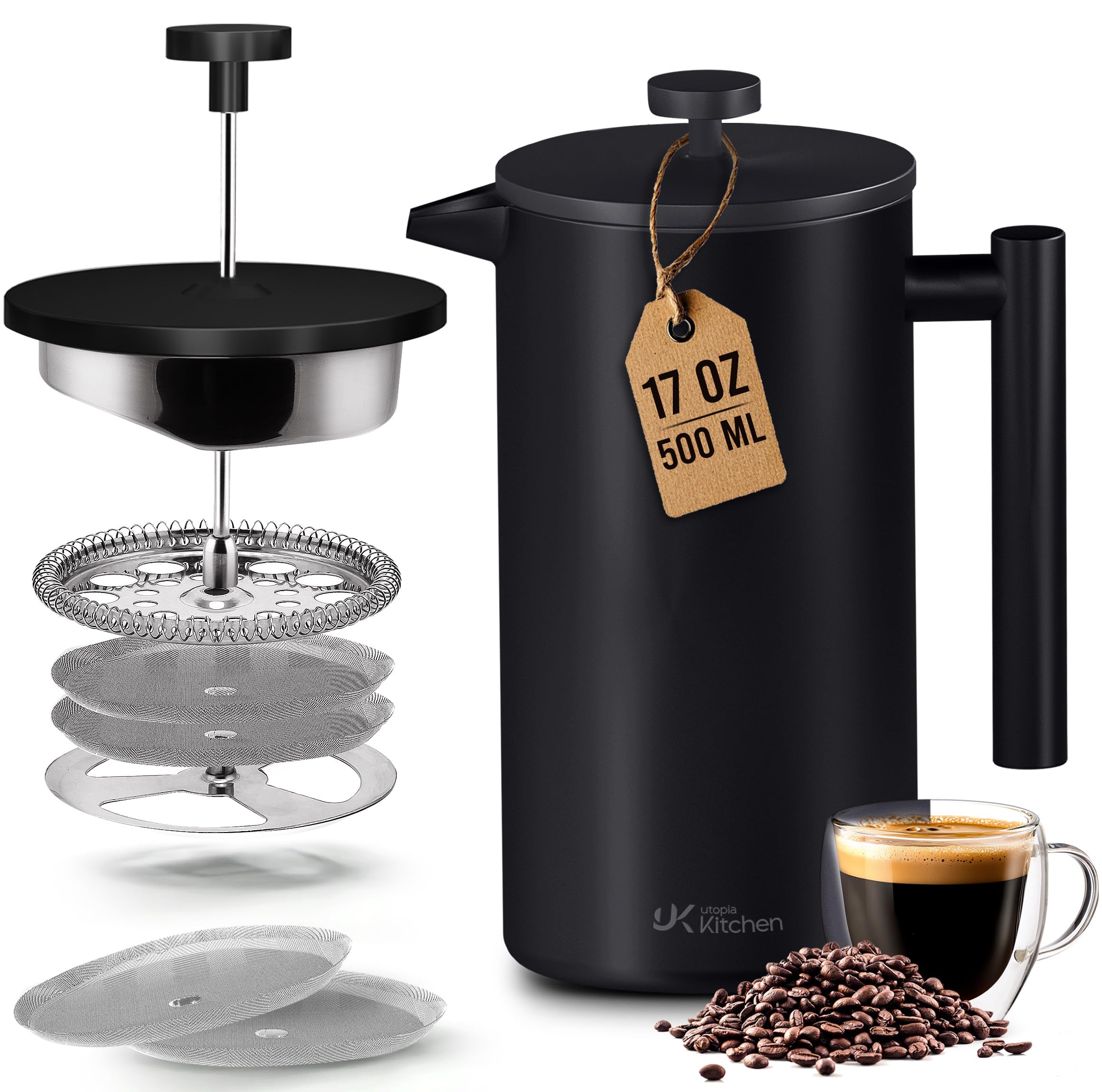 Utopia Kitchen 304 Grade Stainless Steel French Press 17 Oz, Black