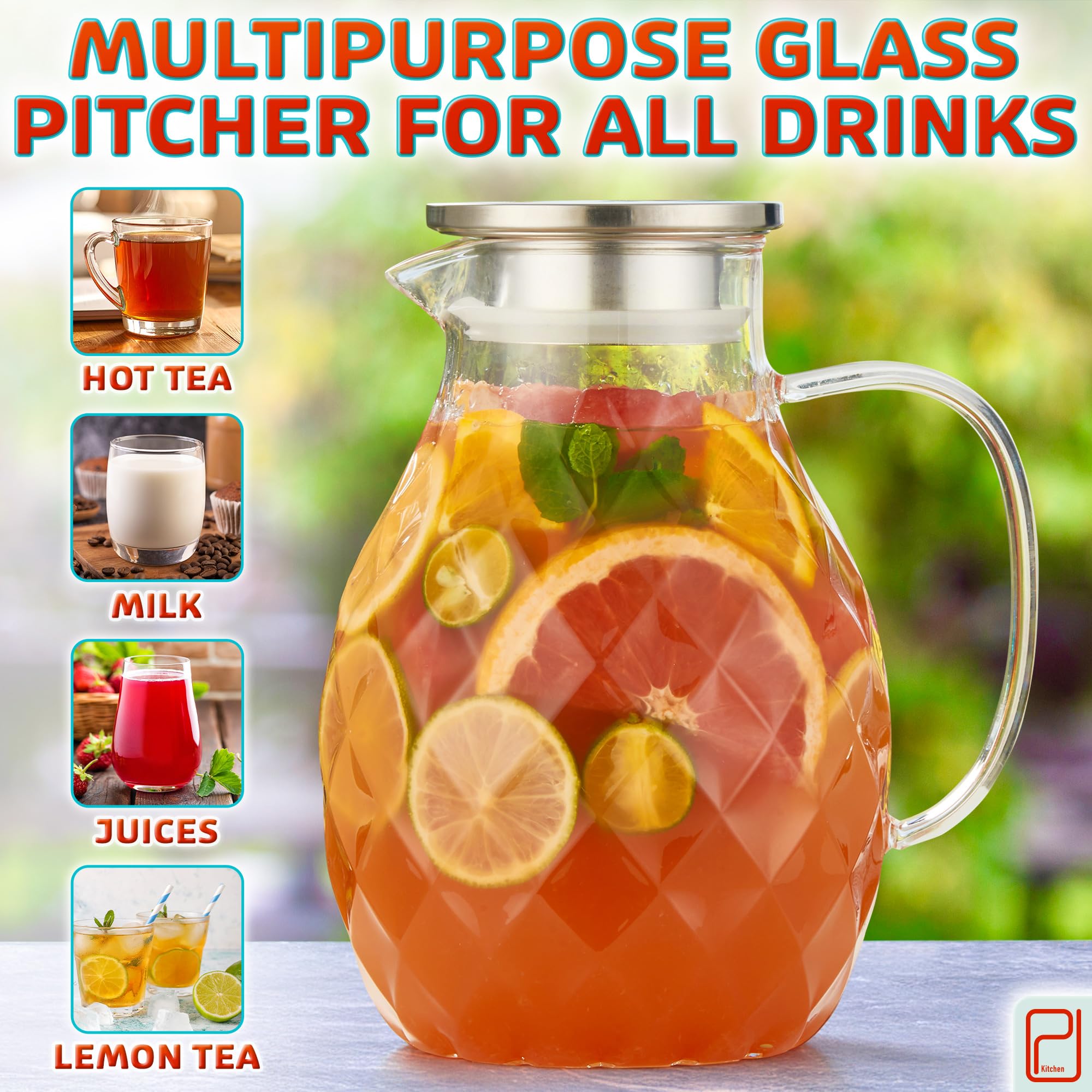 Borosilicate Glass Pitcher with Lid & Spout - 2 L / 68 oz Water Jug