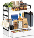 Coffee Station Organizer for Counter, Condiment Storage Caddy for Kitchen with Hooks and Bag,2 Tier Wooden Shelf for Coffee Bar Accessories,Coffee Bar Organizer for Kitchen, Home, Office-Brown