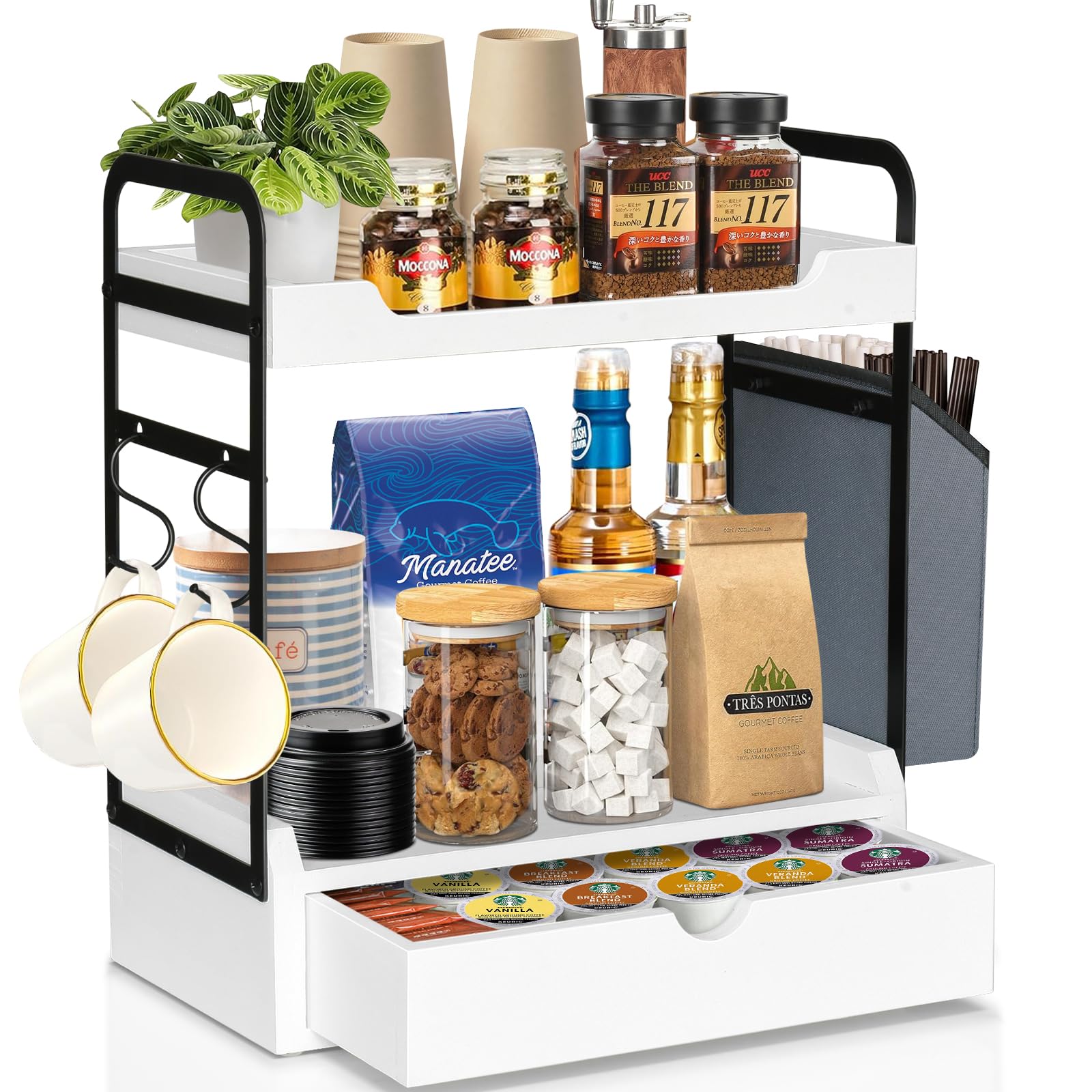 Coffee Station Organizer for Counter, Condiment Storage Caddy for Kitchen with Hooks and Bag,2 Tier Wooden Shelf for Coffee Bar Accessories,Coffee Bar Organizer for Kitchen, Home, Office-White