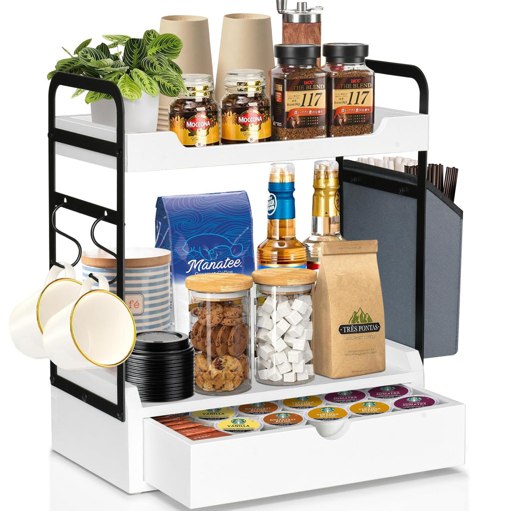 Coffee Station Organizer for Counter, Condiment Storage Caddy for Kitchen with Hooks and Bag,2 Tier Wooden Shelf for Coffee Bar Accessories,Coffee Bar Organizer for Kitchen, Home, Office-White