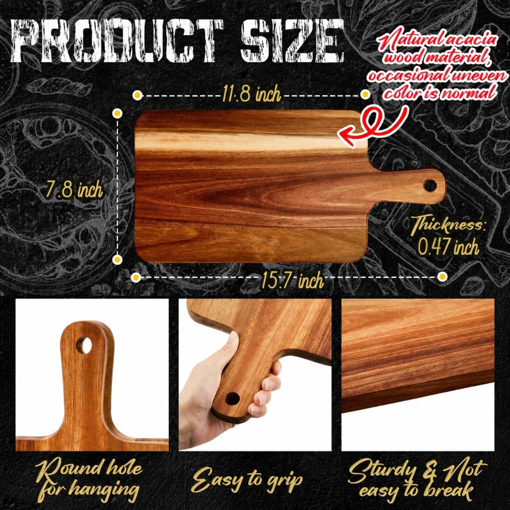 Nuenen 20 Pcs Wood Cutting Board with Handle 15.7 x 7.8 Inch Acacia Bamboo Wooden Serving Kitchen Chopping Boards for Pizza, Bread, Cheese, Charcuterie, Fruit, Vegetables(Acacia)