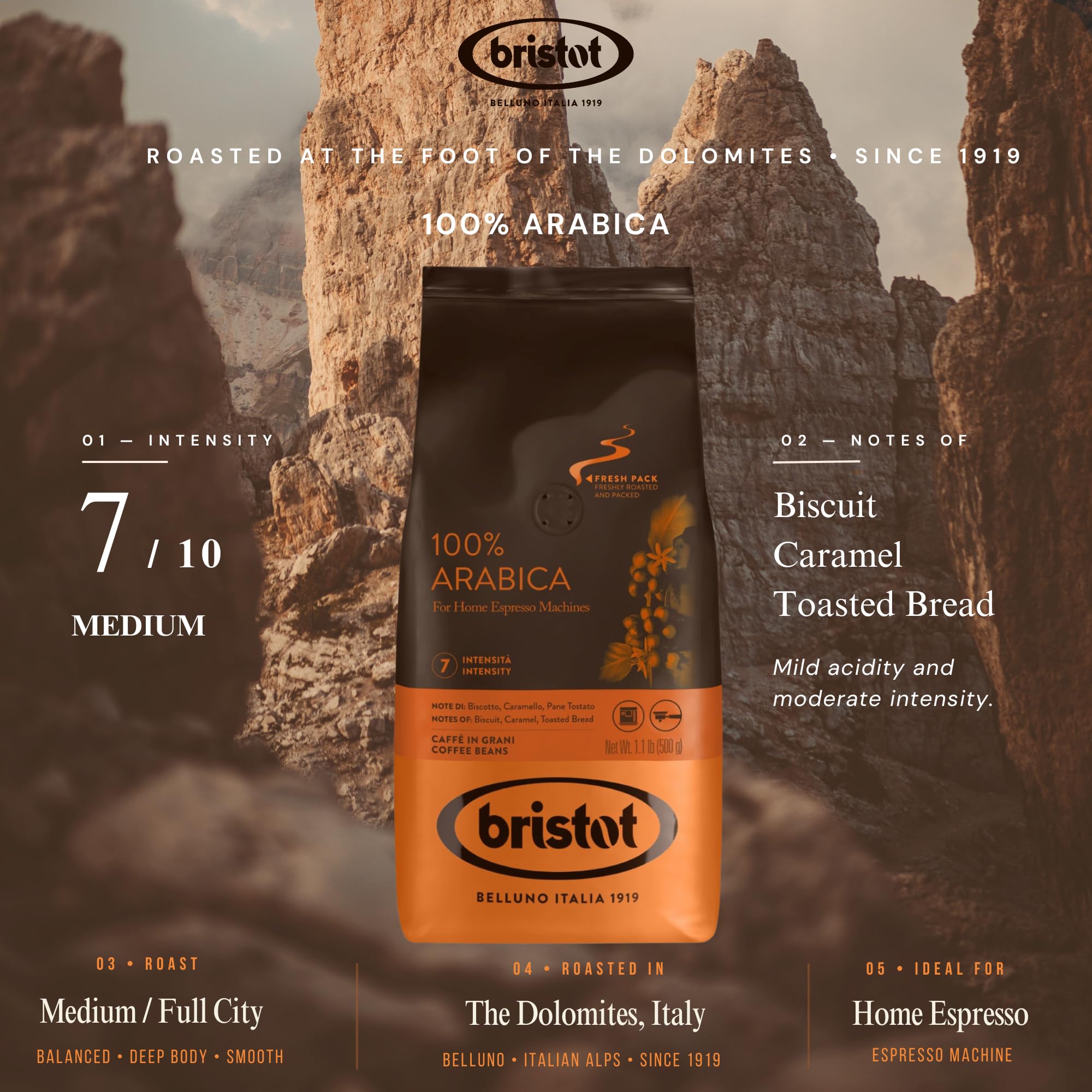 Bristot 100% Arabica Italian Espresso Beans – Medium Roast Coffee – Smooth & Aromatic with Notes of Biscuit, Caramel & Toasted Bread – 1.1 lb (500 g)