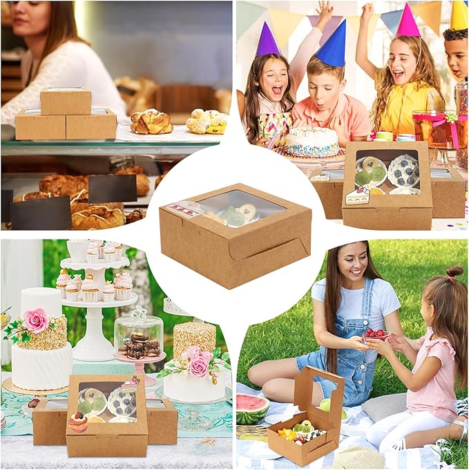 OAMCEG 30 Pack Cookie Boxes with Window, 6x6x3 Inches Brown Bakery Treat Boxes with Stickers & Twine for Pastry, Desserts, Strawberries, Cupcakes, Gift Giving