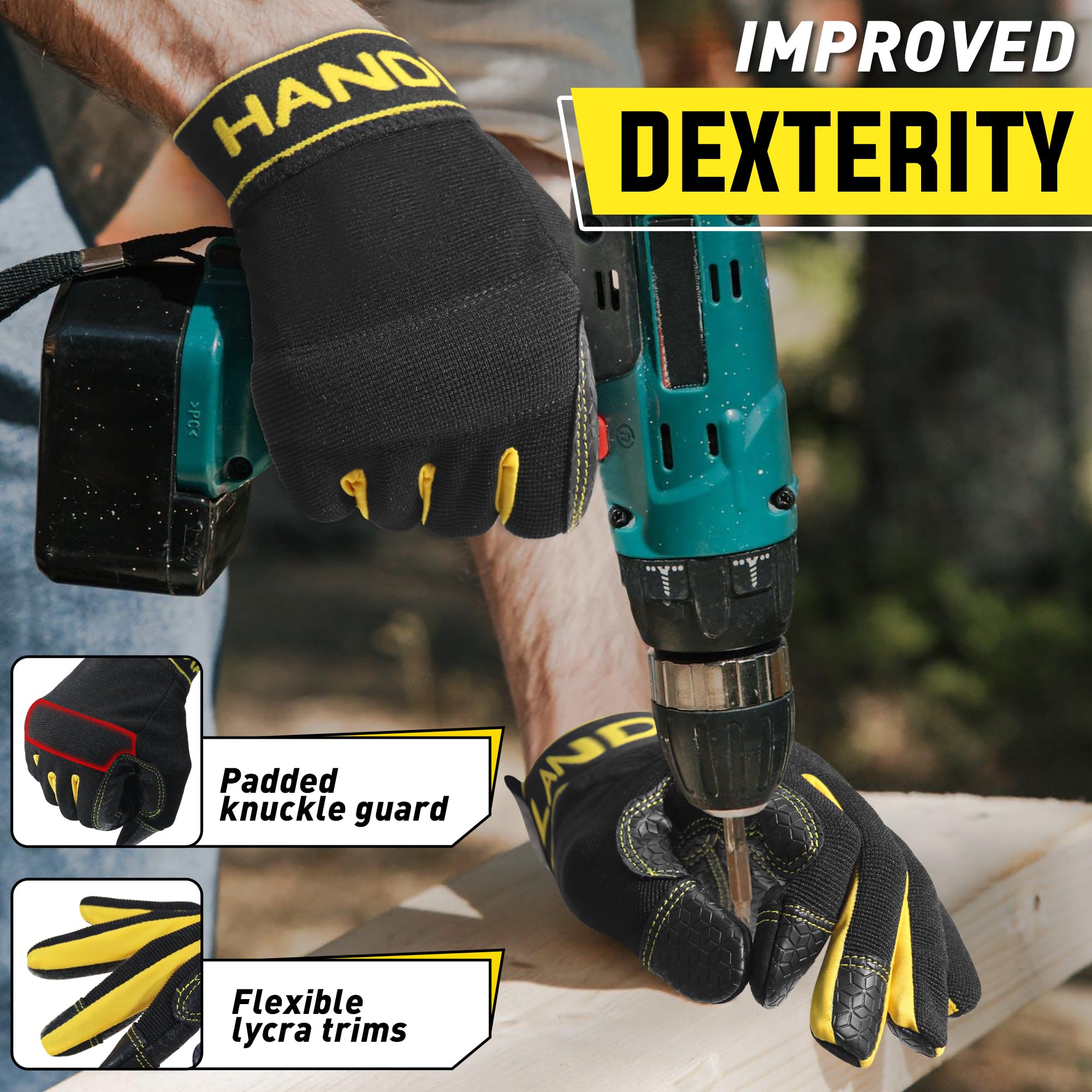 HANDLANDY Work Gloves for Men & Women, Leather Utility Mechanic Working Gloves, Flexible Breathable Gardening Gloves for Yard Maintenance (X-Large, 1 Pair)