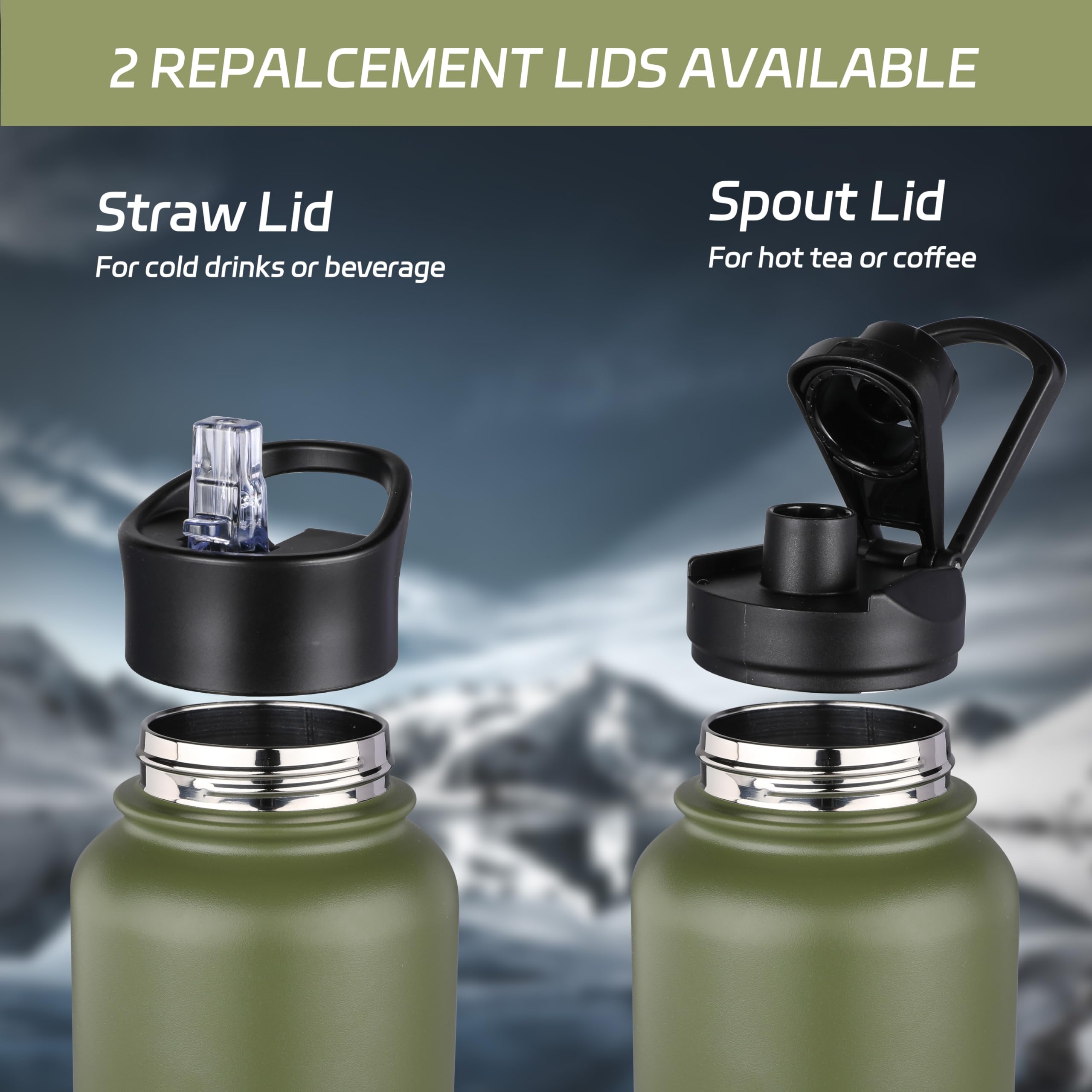 HASLE OUTFITTERS 32 oz Insulated Water Bottle Stainless Steel Double Walled Vacuum Sports Water Bottle with 2 Lids (Straw and Spout Lid) for Gym Camping Hiking（Army Green,1）