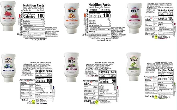 Reàl Fruit Infused Flavoring Syrup Variety - Strawberry, Raspberry, Peach, Blueberry, Black Cherry, Crisp Apple (Pack of 6, 16.9 FL OZ Bottles)