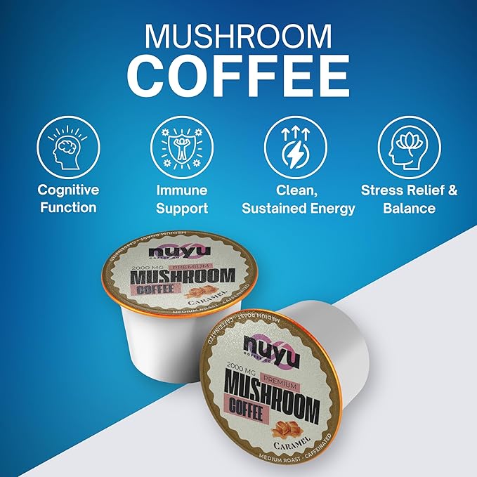 Nuyu Mushroom Coffee Pods, K-Cups, 100% Medium Roast Arabica Coffee with Lion's Mane, Reishi, Chaga, Cordyceps, 2000mg per Pod (24, Caramel)