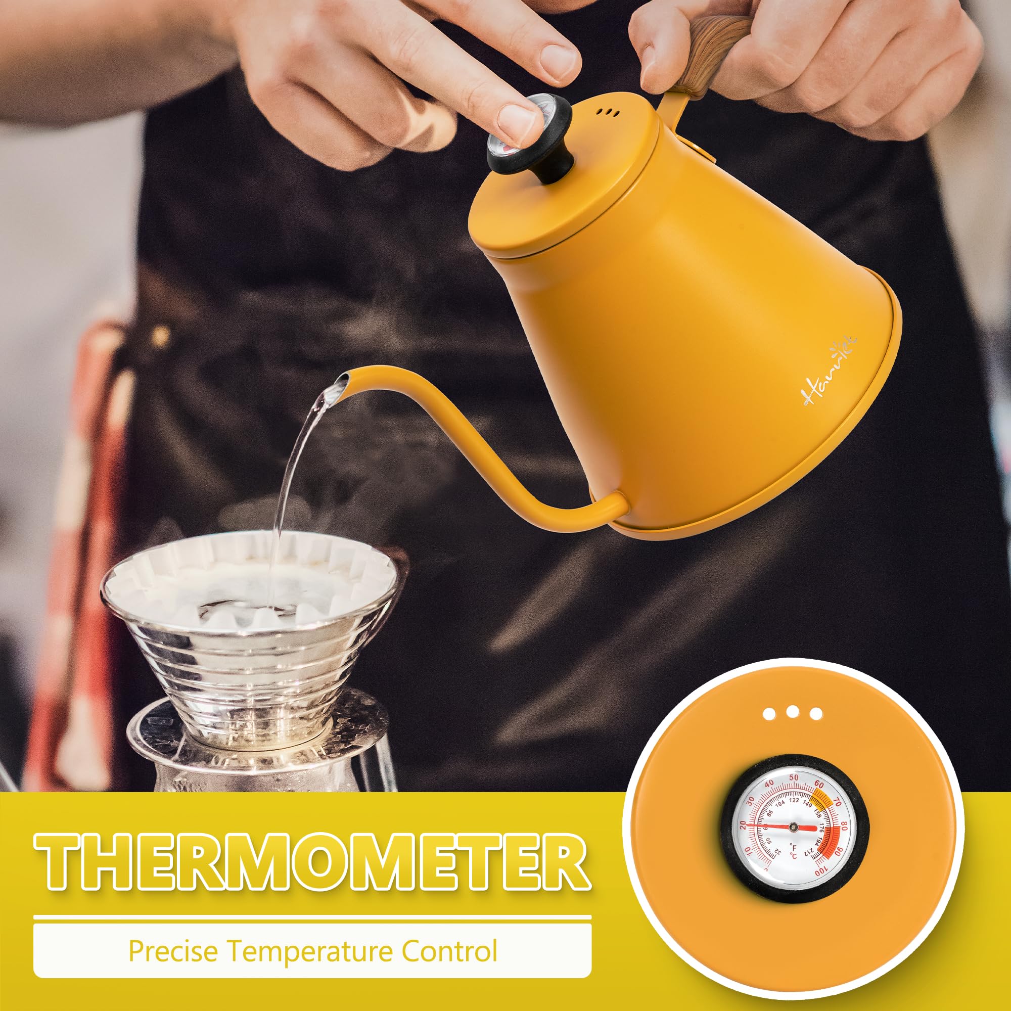 Harriet Gooseneck Kettle with Thermometer for Pour Over Coffee and Tea, 37 fl oz, Stainless Steel, Durable 3-Layer Base, Ideal Spout for Precision Pouring, Compatible with all Stove Tops, Yellow