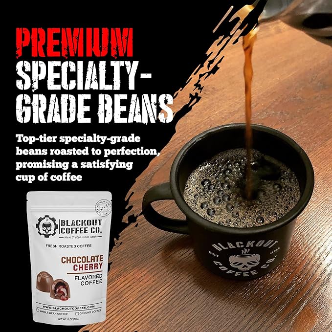 Blackout Coffee Chocolate Cherry Flavored Medium Roast - Freshly Roasted in the USA - 12 oz Ground Coffee Pouch