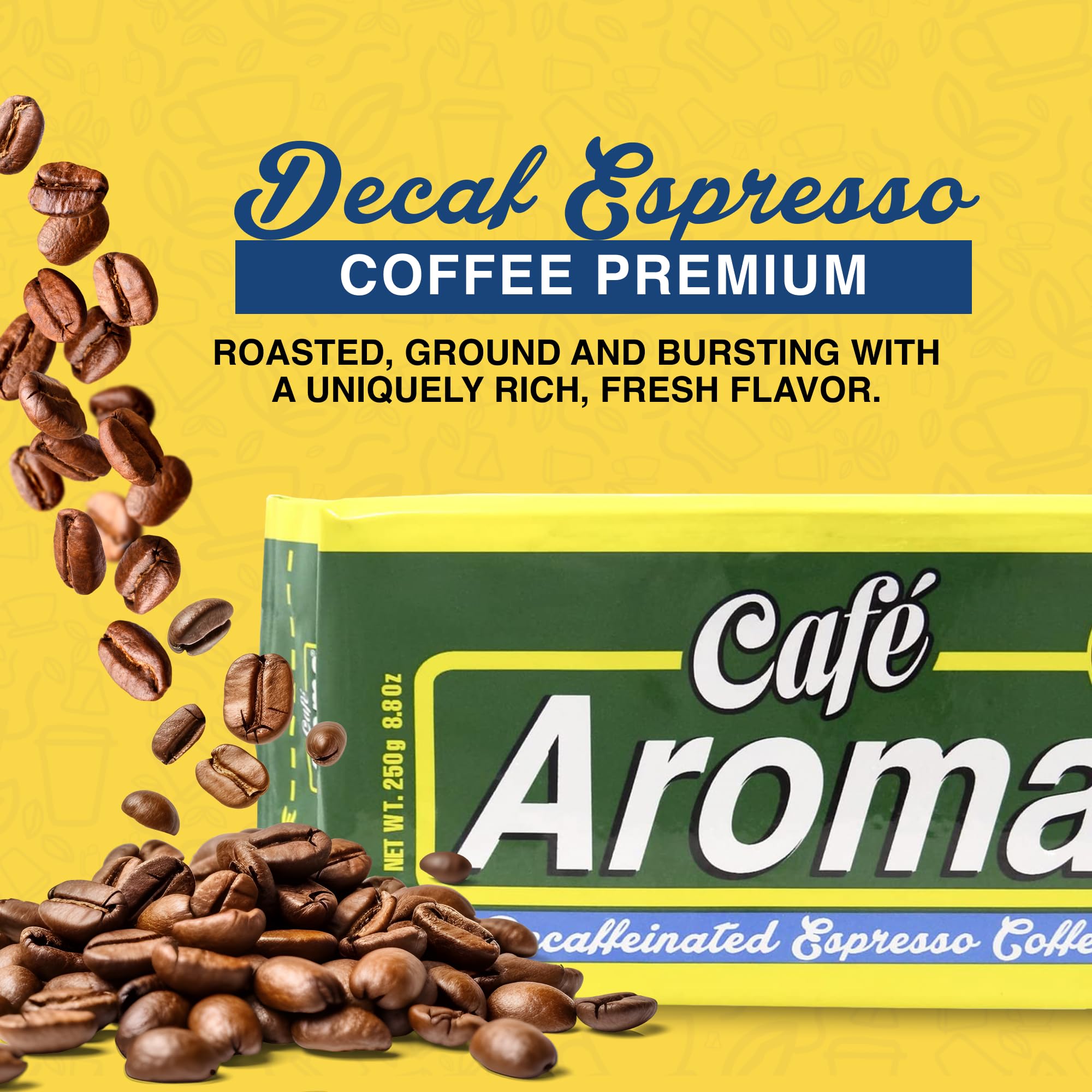 Café Aroma Decaf Dark Roast Espresso Ground Coffee, Authentic Cuban Style Coffee, Vacuum Sealed, 8.8oz, Perfect for Hot and Iced Coffee, 12-Pack