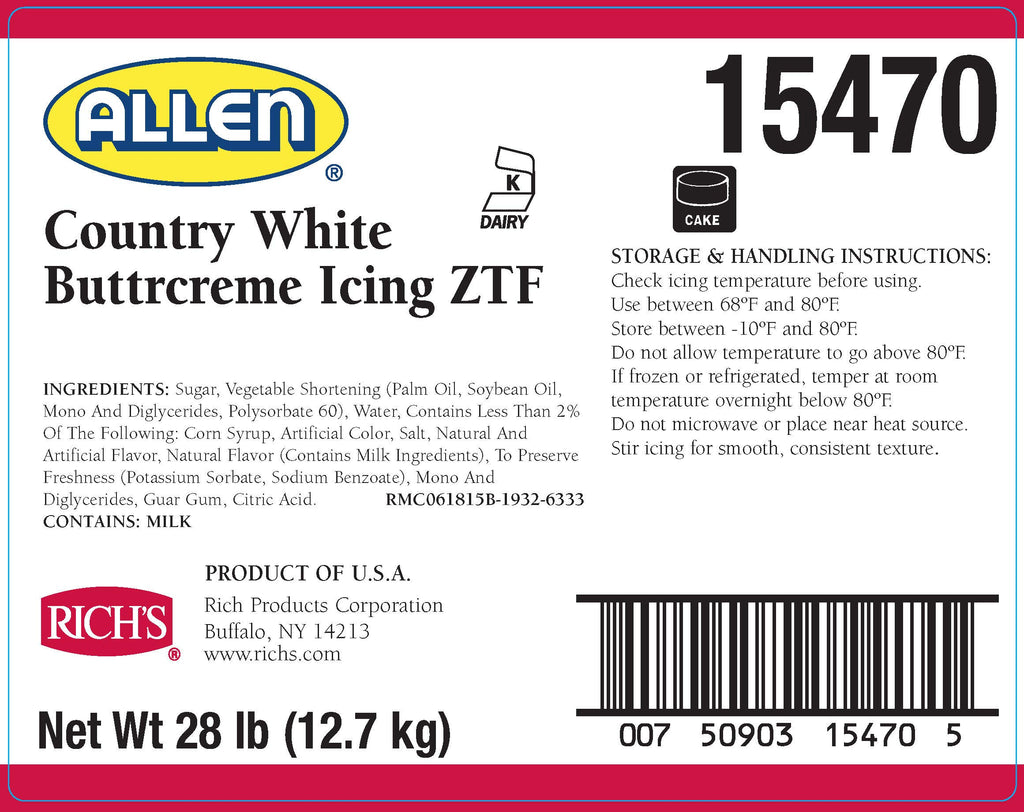 Rich's Allen Country White Buttrcream Icing ZTF, 28 Pound (Pack of 1), buttercream frosting for cake decorating, cake baking supplies
