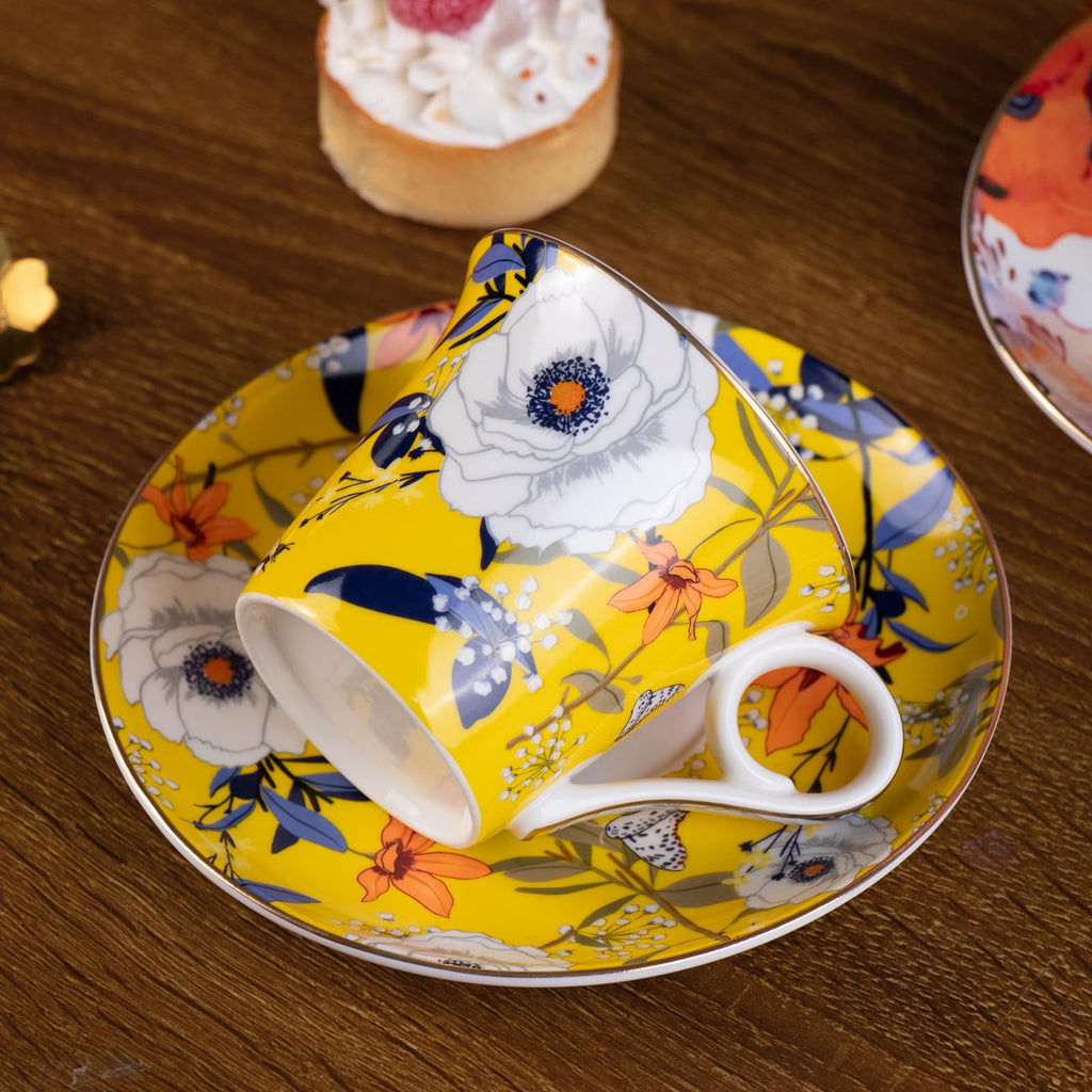 KAMMAK Tea Cups and Saucers Set of 2, 5.7 oz Porcelain Coffee Cups, 567N