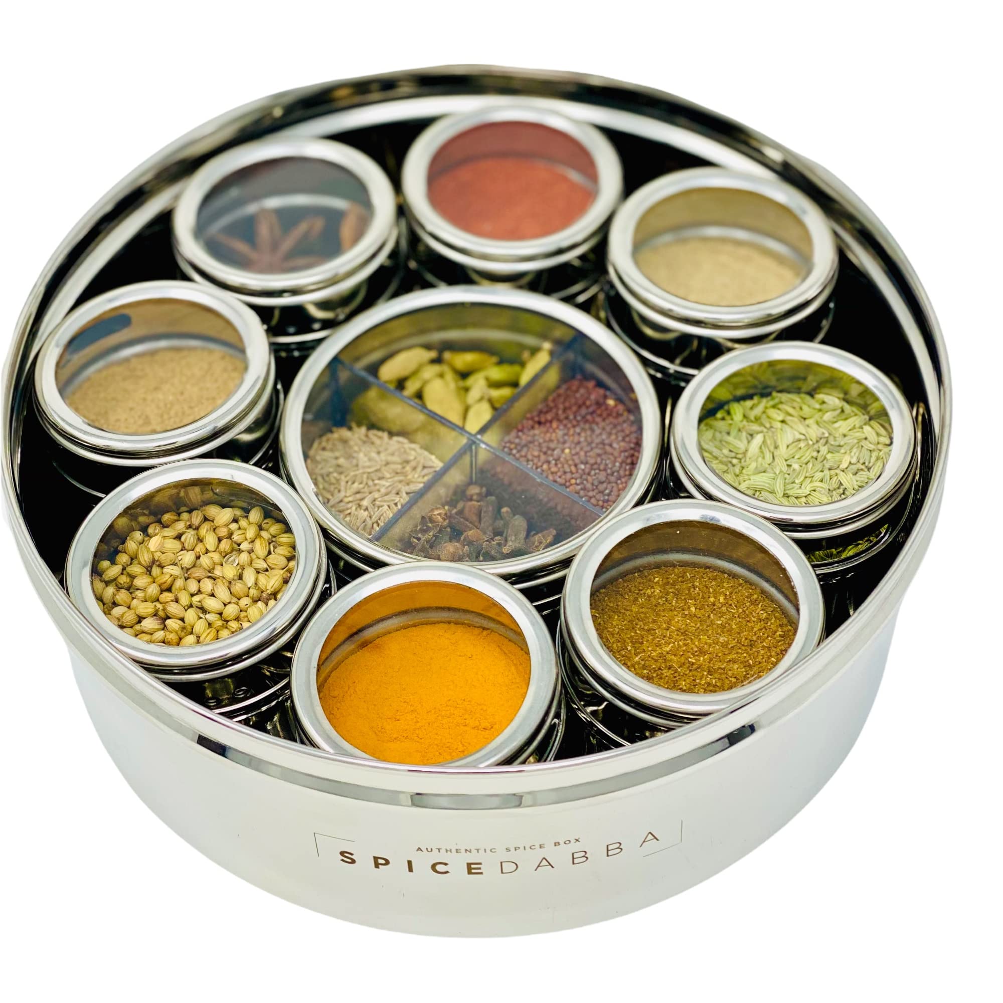 spice dabba Stainless Steel Indian Spice Box, Steel Masala Dabba 12 Spices, Lid Spice Box, Authentic Spices, Masala Box with Individual containers | Size 9 x 9 x 3 IN (Indian Spice Box Only)