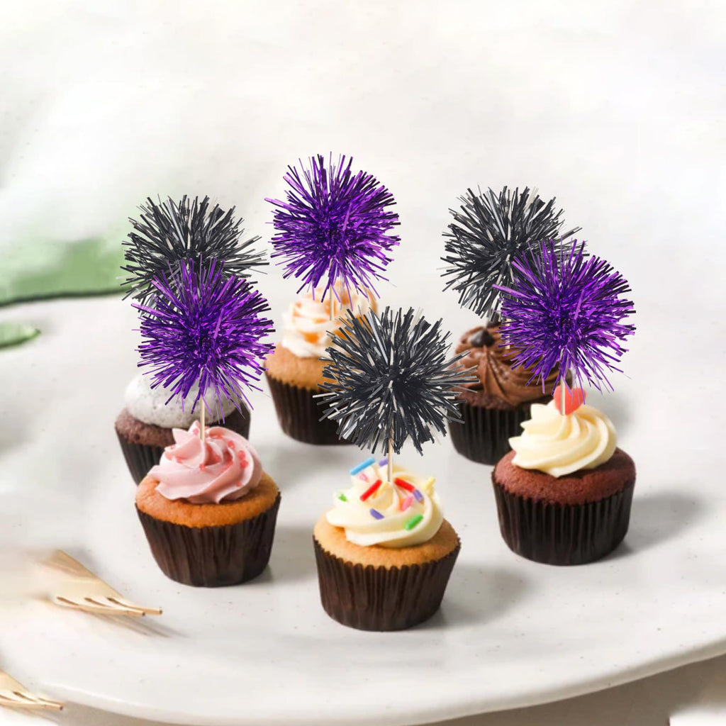 40 PCS Foil Firework Cupcake Toppers Sparkle Tinsel Cupcake Picks Fireworks Birthday Party Decorations Cocktail Fruit Toothpick for Birthday Wedding Graduation Party Decorations Supplies Black Purple