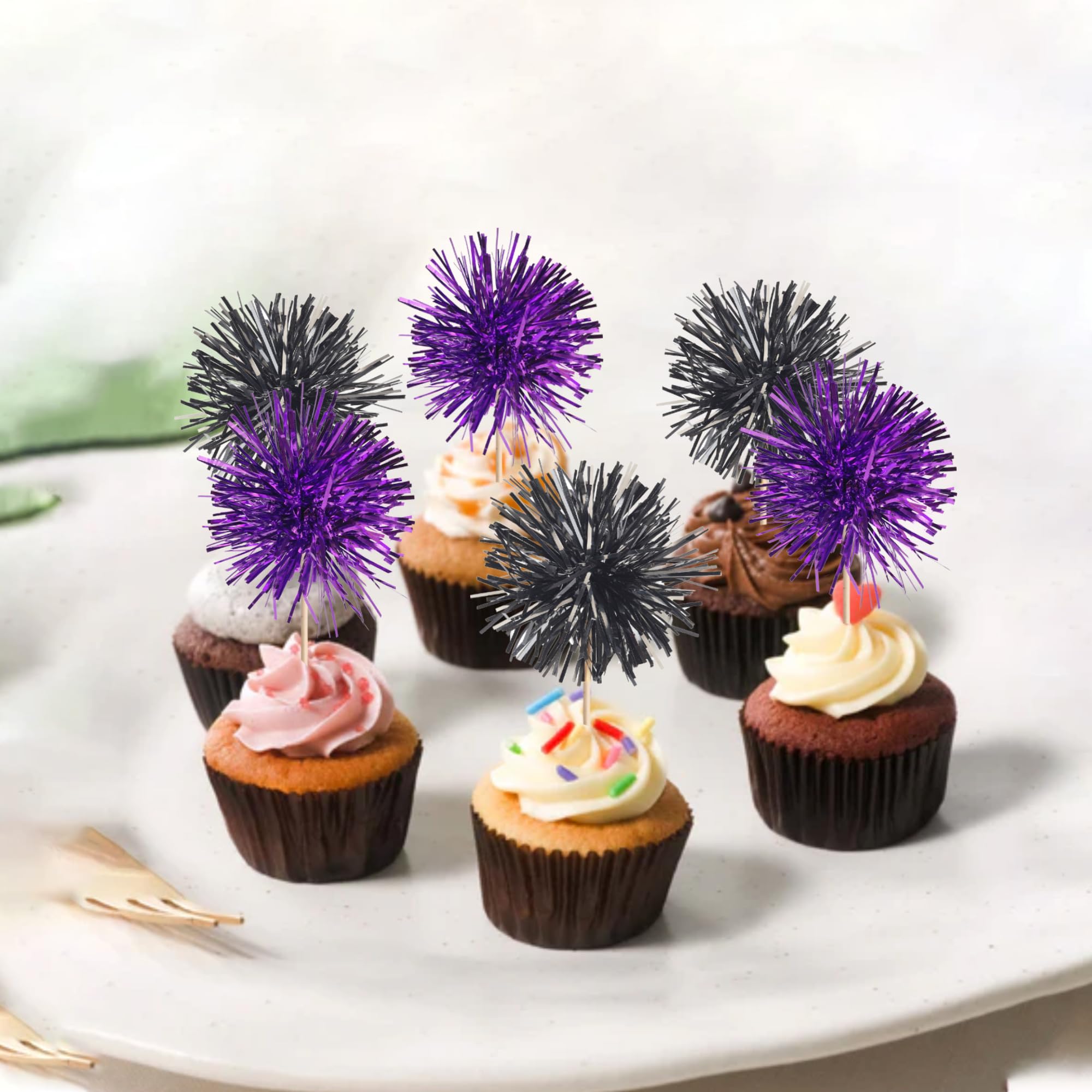 40 PCS Foil Firework Cupcake Toppers Sparkle Tinsel Cupcake Picks Fireworks Birthday Party Decorations Cocktail Fruit Toothpick for Birthday Wedding Graduation Party Decorations Supplies Black Purple