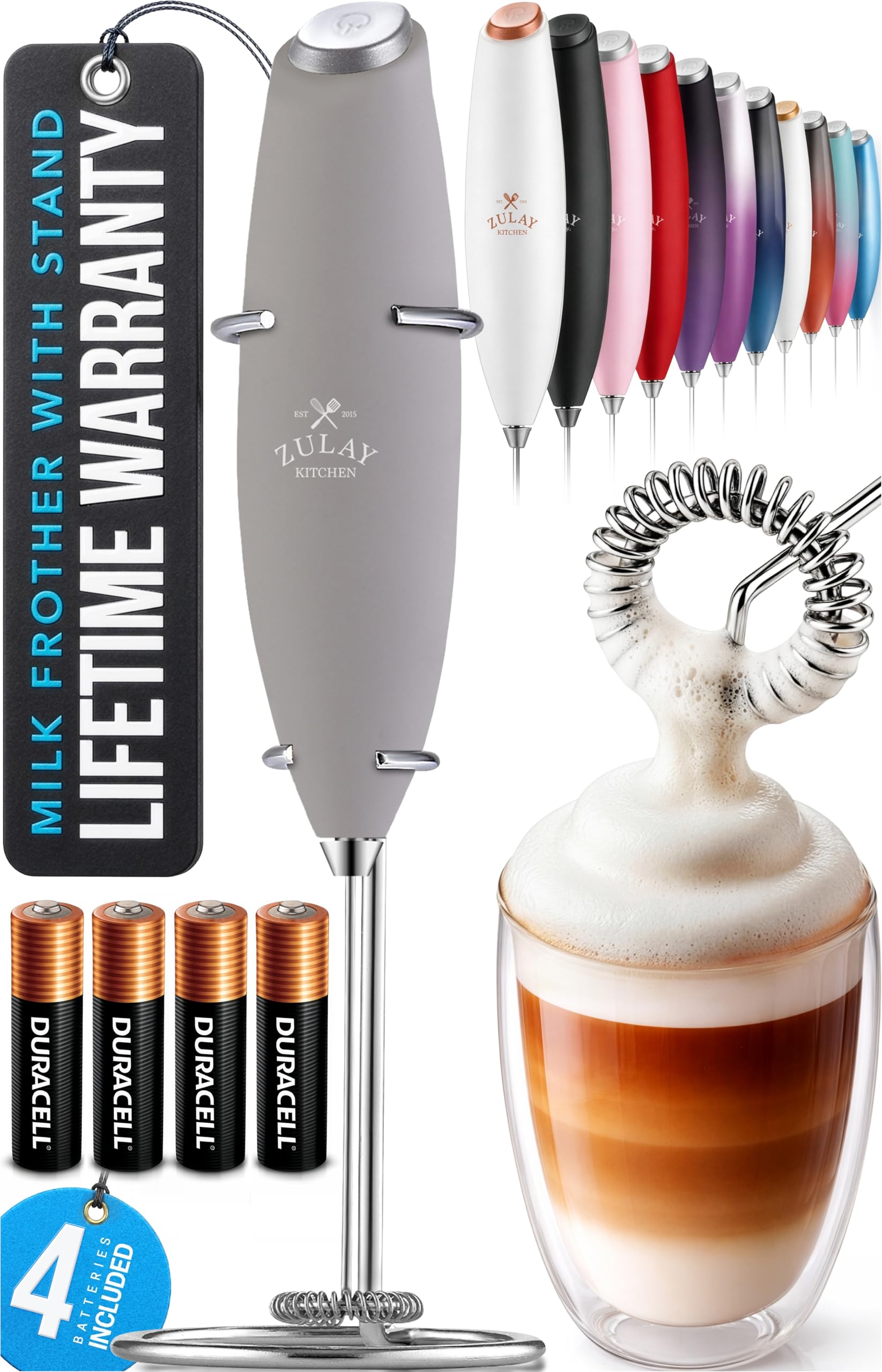 Zulay Kitchen Powerful Milk Frother Wand With Duracell Batteries - Ultra Fast Handheld Drink Mixer - Electric Whisk Foam Maker for Coffee, Lattes, Cappuccino & Matcha - Z1 Motor - Light Gray