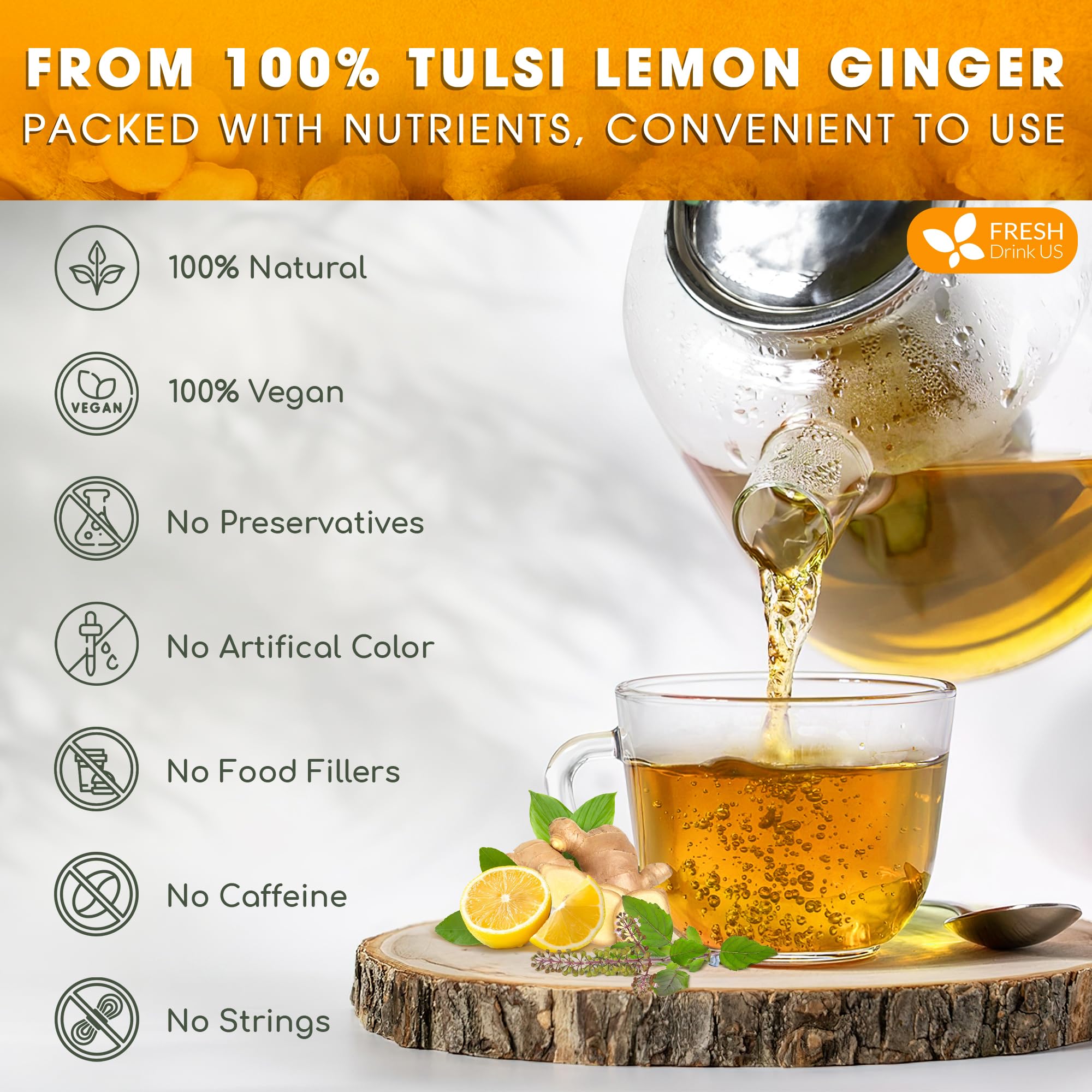 FreshDrinkUS, Premium 75 Tulsi Lemon Ginger Tea Bags, 100% Natural & Pure from Tulsi Holy Basil Leaves, Lemon and Ginger. Made with Natural Material Tea Bags. No Sugar, No Caffeine, Vegan.