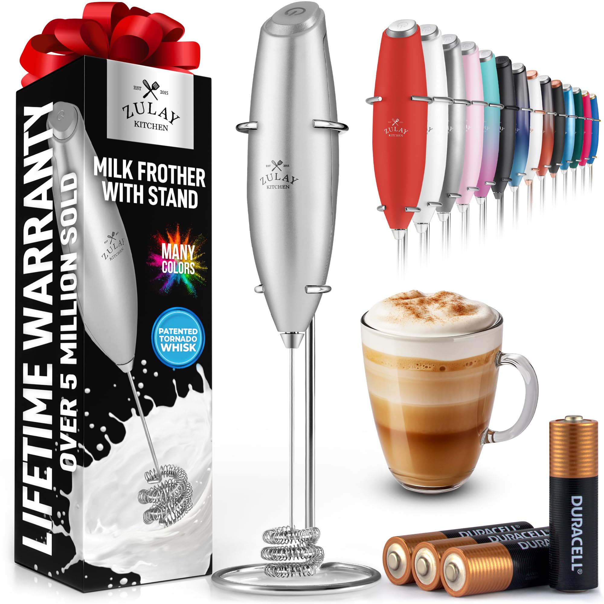 Zulay Kitchen Powerful Milk Frother Wand With Duracell Batteries - Ultra Fast Handheld Drink Mixer - Electric Whisk Foam Maker for Coffee, Lattes, Cappuccino & Matcha - Triple Whisk - Luminous Silver
