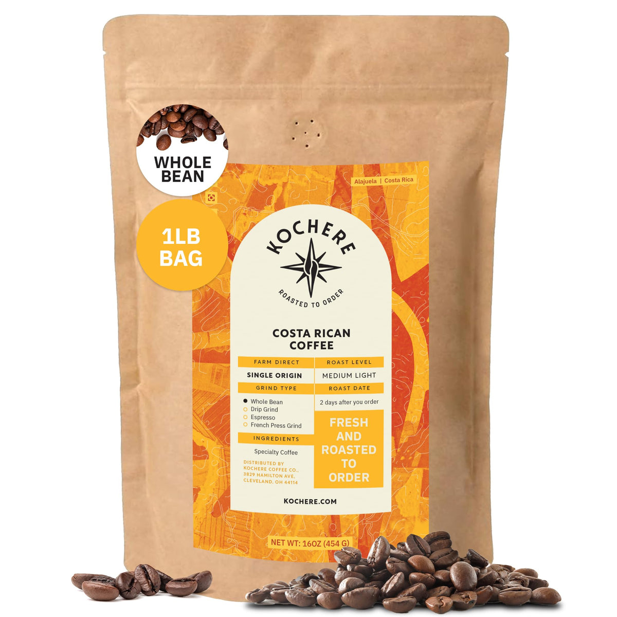 Costa Rican Alajuela Whole Bean, 12oz, Arabica, Non-GMO Kochere Coffee