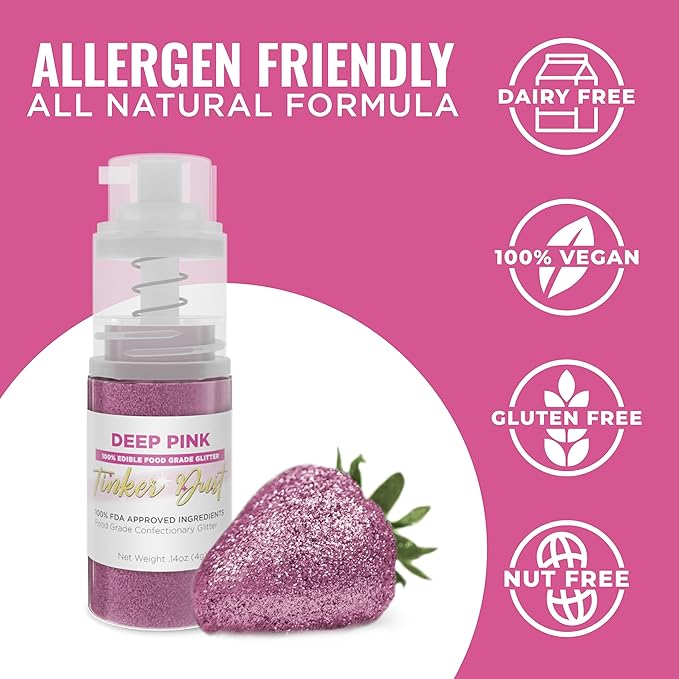 Bakell - Deep Pink Tinker Dust Edible Glitter (4g, 1x Mini Spray Pump) Food, Desserts, and Beverages!