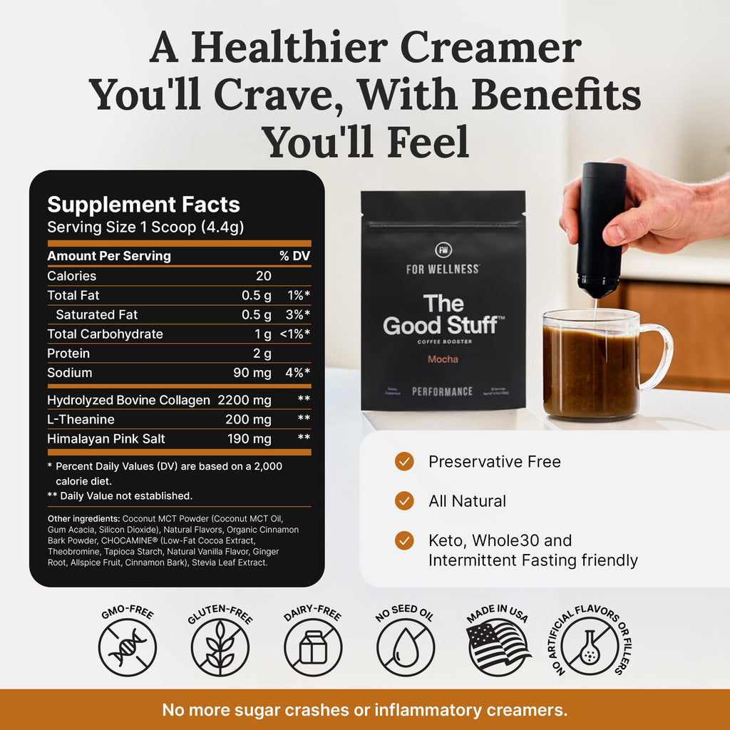 The Good Stuff | Mocha Coffee Booster | Healthy Coffee Creamer for Focus & Energy | Keto, Non-Dairy Creamer Powder with MCT Oil, Collagen & L-Theanine | 30 Servings