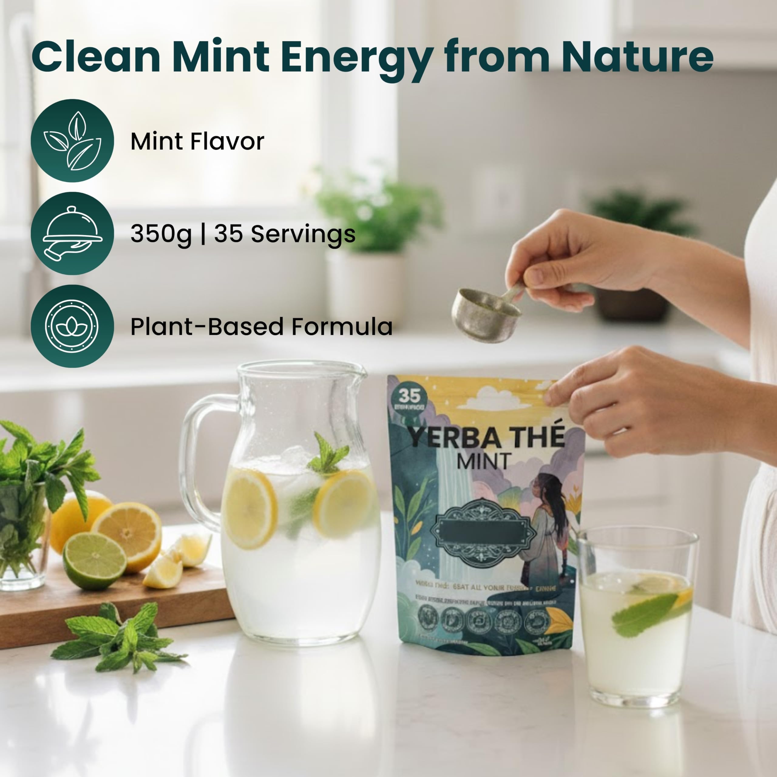 Yerba Mate Instant Tea Powder - Sugar Free Organic Yerba Mate Tea 350g - Supports Gut Health with Probiotics & Prebiotics, Brain Fog Relief, Clean Energy, Focus & Relaxation - Mint - 35 Servings