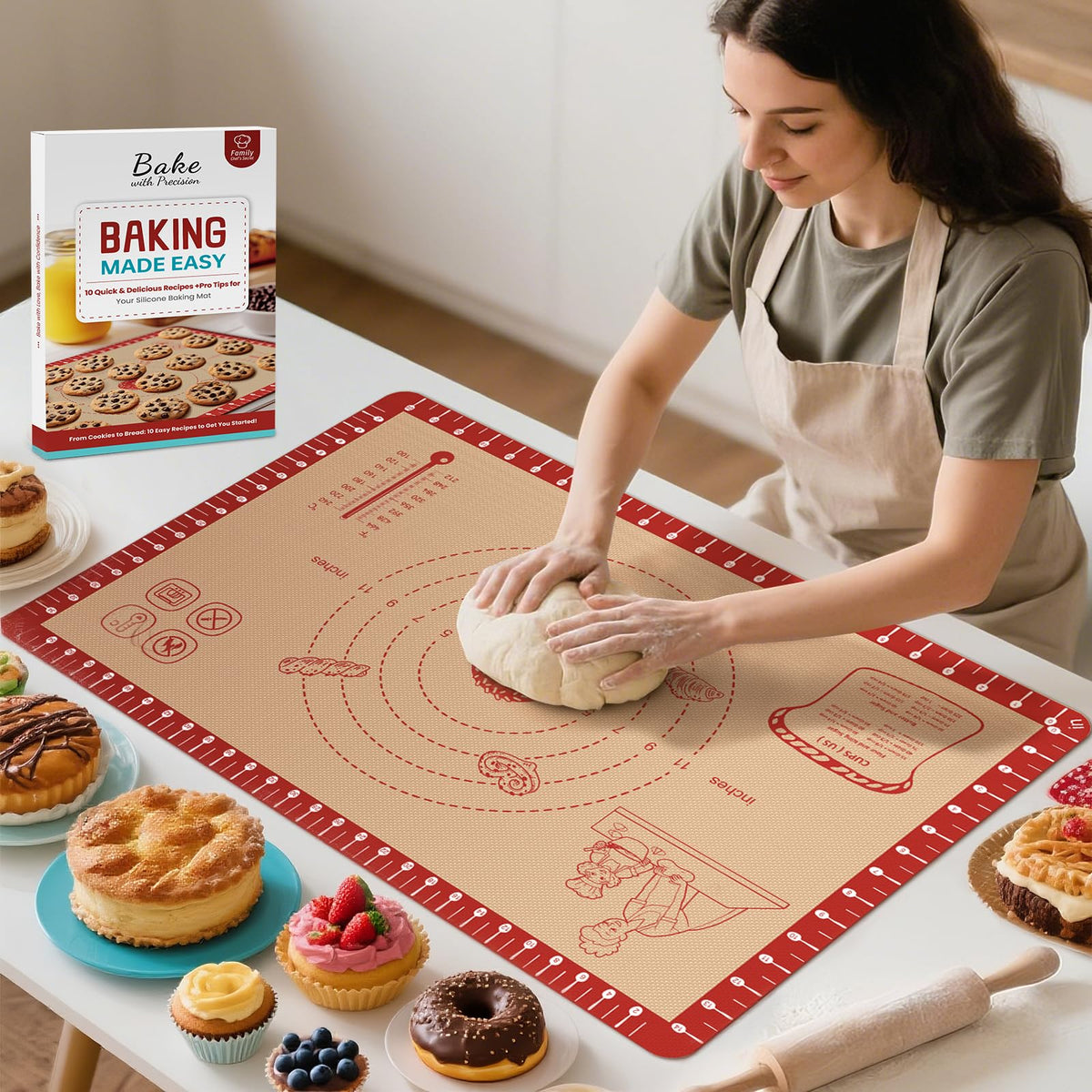 Silicone Baking Mat with 10 Recipes, Extra Thick Silicone Mats for Baking, Non Stick Pastry Mat for Rolling Dough, Silicone Macaron Baking Mat for Cookie,Bread,Pizza,Fondant Mat, Oven&Dishwasher Safe