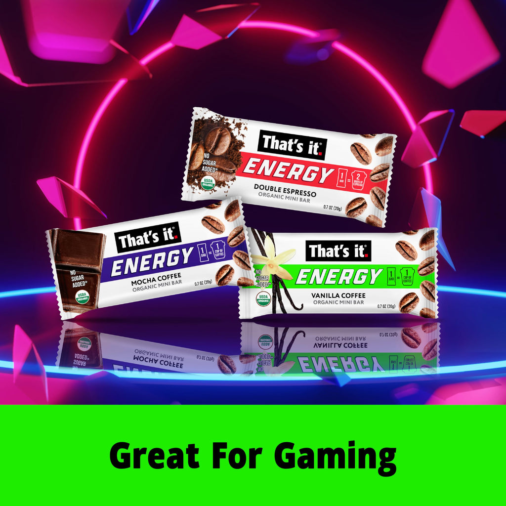 That’s it. Organic Energy Coffee Mini Bars - (6 each of Vanilla, Mocha, Double Espresso) Grab and Go, No Added Sugars, Non-GMO, Caffeine Power Snack, Kosher, Allergy Friendly (Variety - 18 Count)