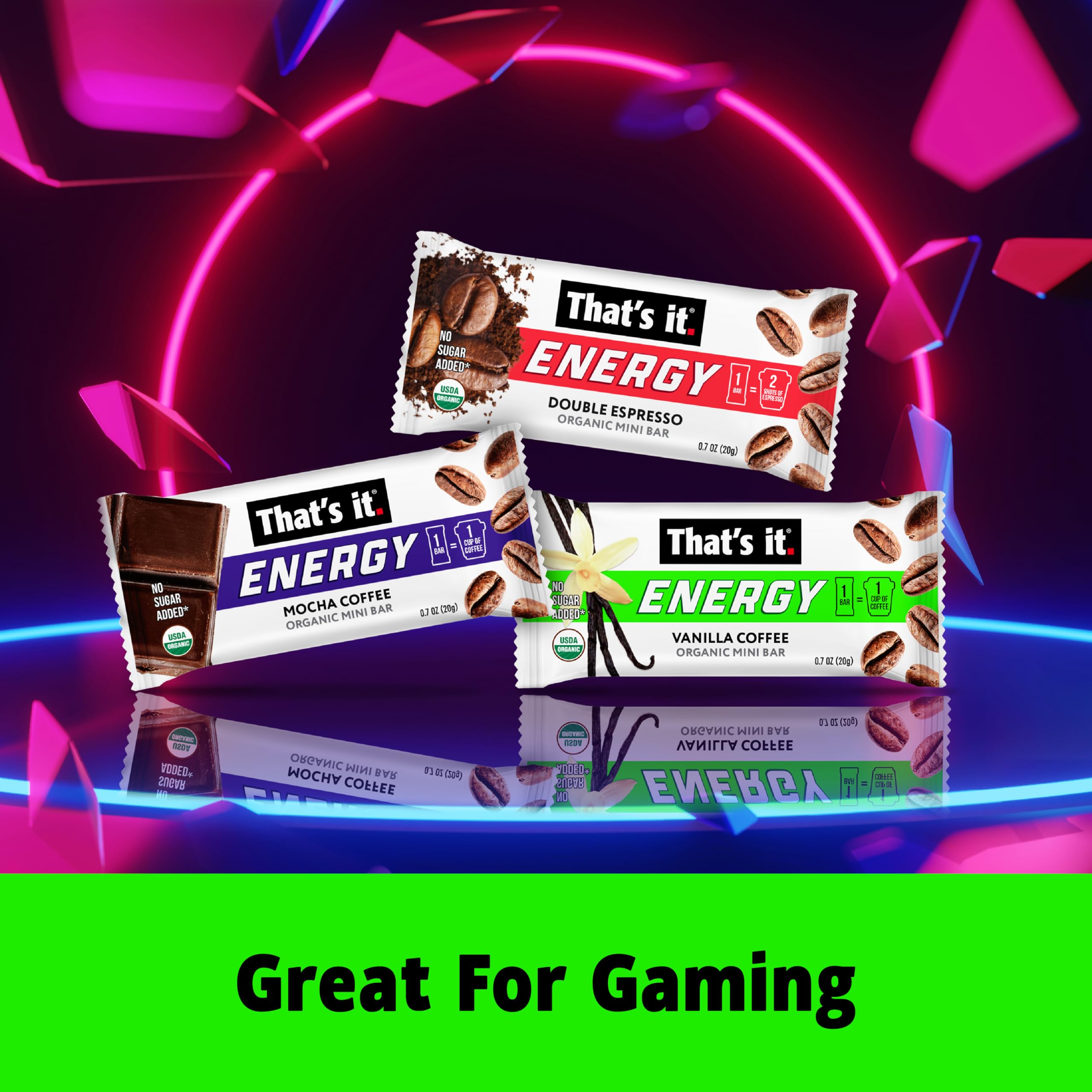 That’s it. Organic Energy Coffee Mini Bars - (6 each of Vanilla, Mocha, Double Espresso) Grab and Go, No Added Sugars, Non-GMO, Caffeine Power Snack, Kosher, Allergy Friendly (Variety - 18 Count)