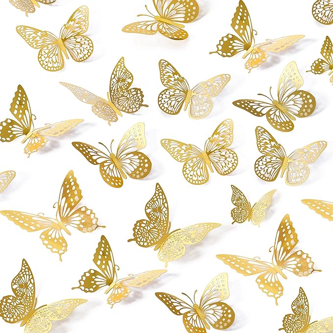 SAOROPEB 3D Butterfly Wall Decor - 48 Pcs, 4 Styles, 3 Sizes, Gold Butterfly Decorations for Birthday & Party Celebrations, Removable Stickers