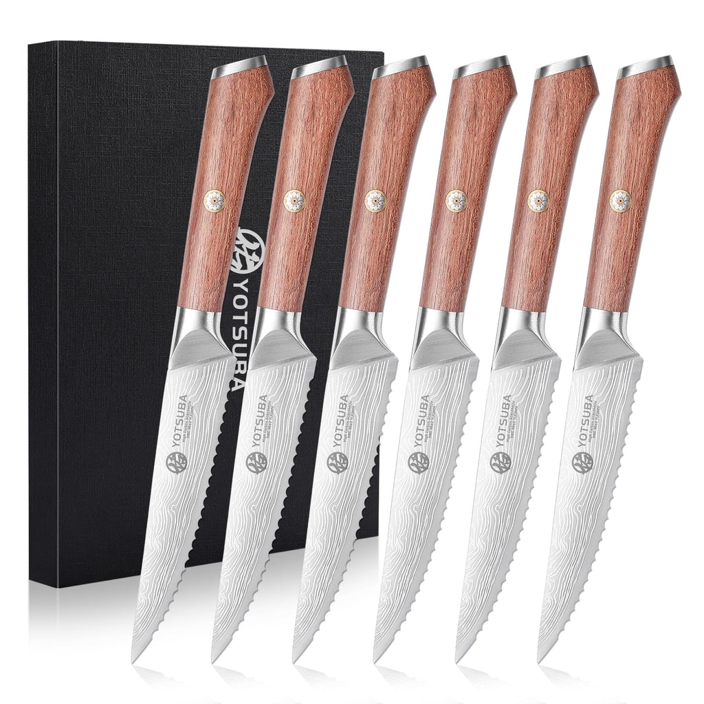 YOTSUBA Steak Knives Set of 6, Razor-Sharp 4.5 Inch Japanese Serrated Steak Knife Set, Full Tang Forged High Carbon Steel Dinner Knives with Ergonomic Handle and Gift Box