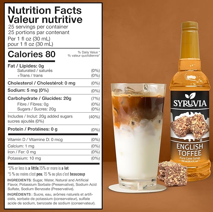 Syruvia English Toffee Coffee Syrup - 25.4 fl oz. Kosher and Gluten-Free. Perfect for enhancing drinks, sodas, shakes, desserts, and more.