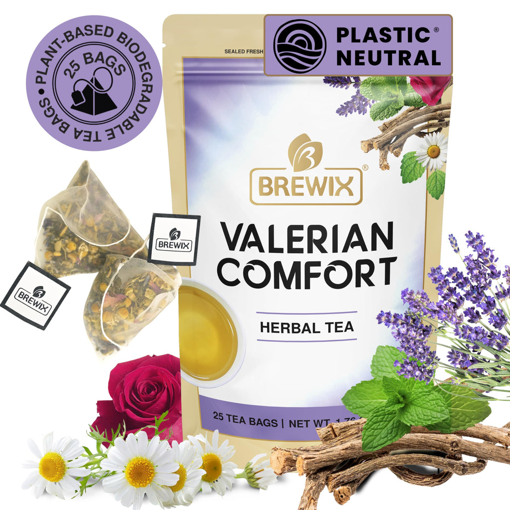BREWIX, Valerian Comfort Tea for Sleep and Relaxation (25 Pyramid Bags) Caffeine-Free and Calming for Bedtime | Valerian Root, Chamomile & Lavender | Perfect Wellness Sleep
