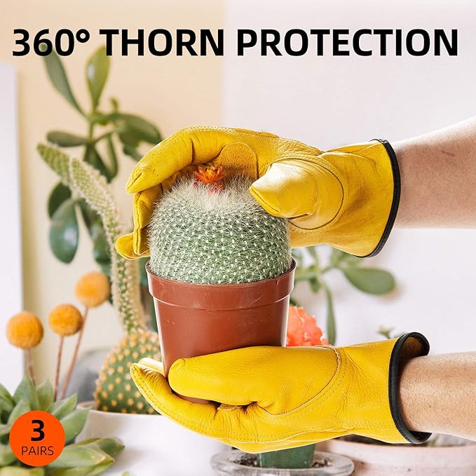 Vgo... 3-Pairs Unlined Cow Grain Leather Work and Driver Gloves with Cow Split Leather Palm Patch (Size M, Gold,CA9590)
