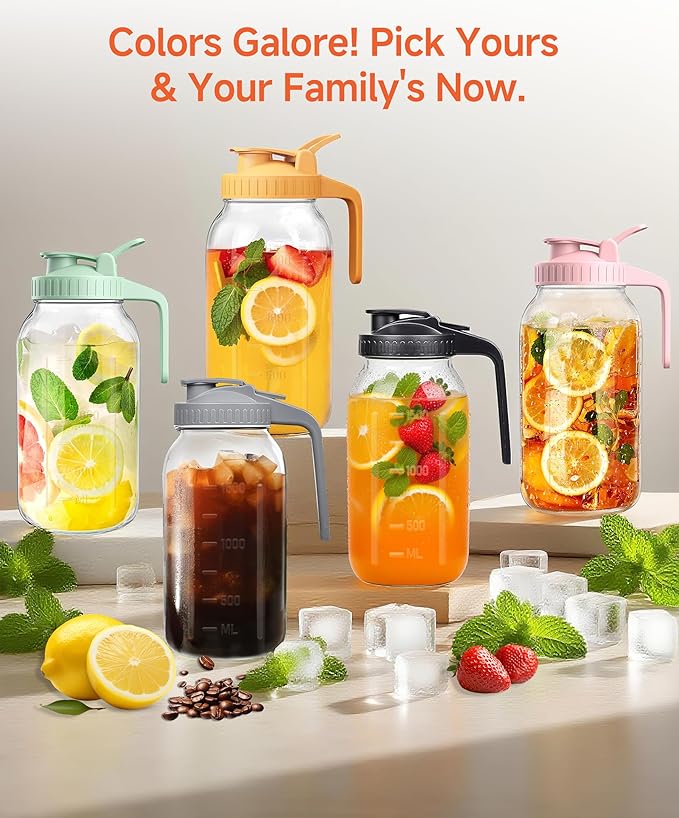 2 Quart Wide Mouth Glass Pitcher with Lid, 64oz Mason Jar Pitchers, Leak-proof Iced Tea Pitcher,Heavy Duty Container for Fridge Sweet Tea,Juice,Cold Brew Coffee,Breastmilk Storage Drinks-1PACK/Yellow
