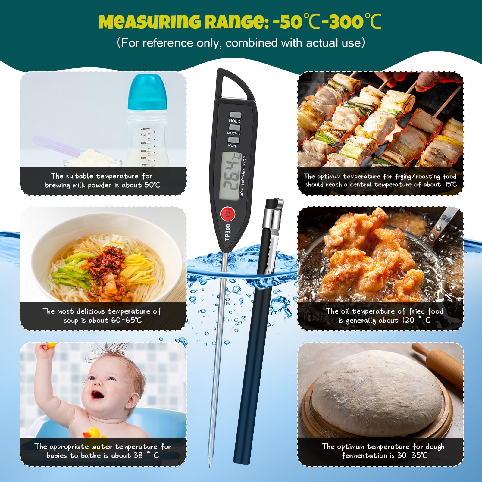 Copkim 10 Set Waterproof Food Thermometer for Water, Liquid, Candle and Cooking Digital Meat Thermometer with Long Probe Instant Read for Kitchen BBQ Grill Candy (Black)