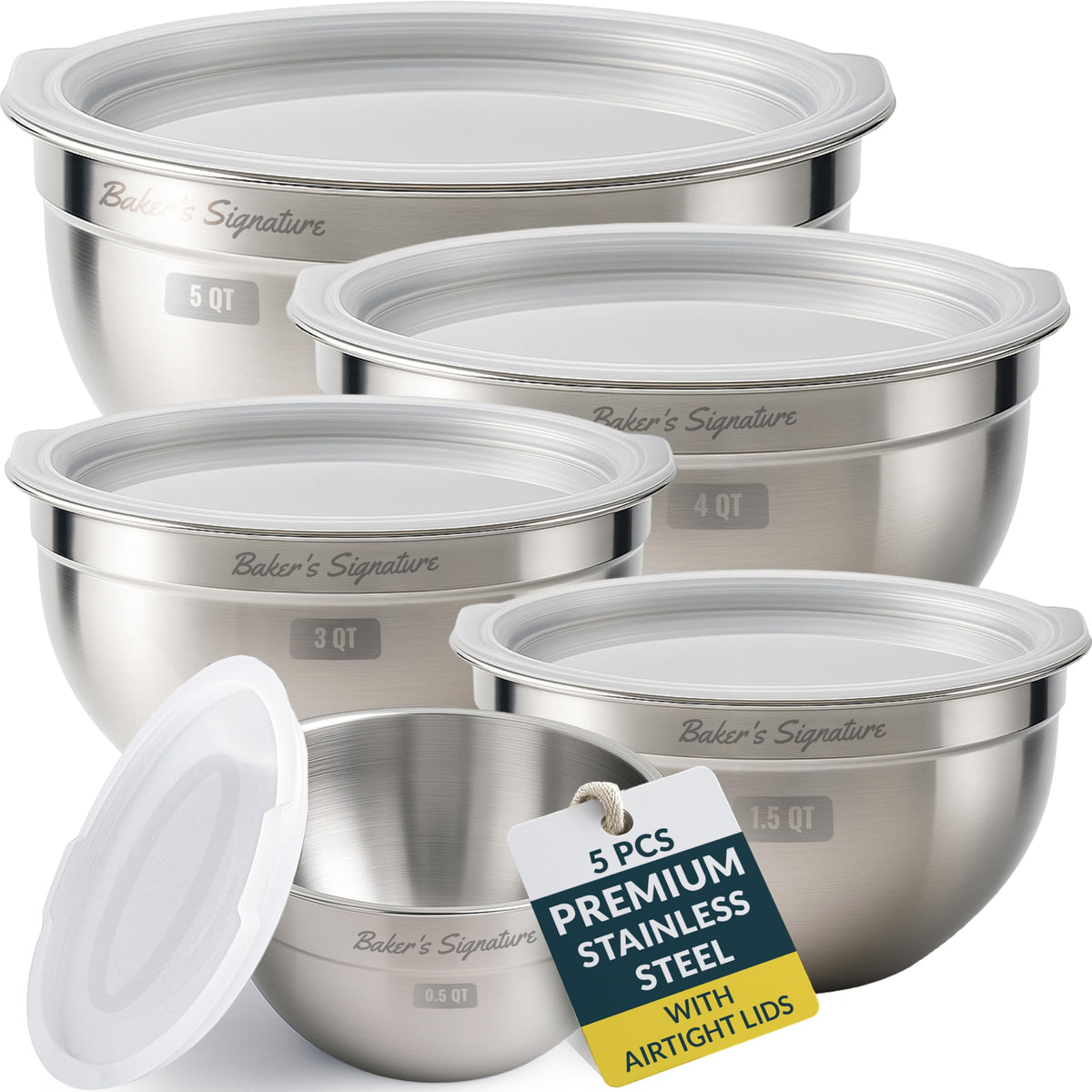 Stainless Steel Mixing Bowls with Lids Set of 5, Nesting Metal, 0.5-5 Qt
