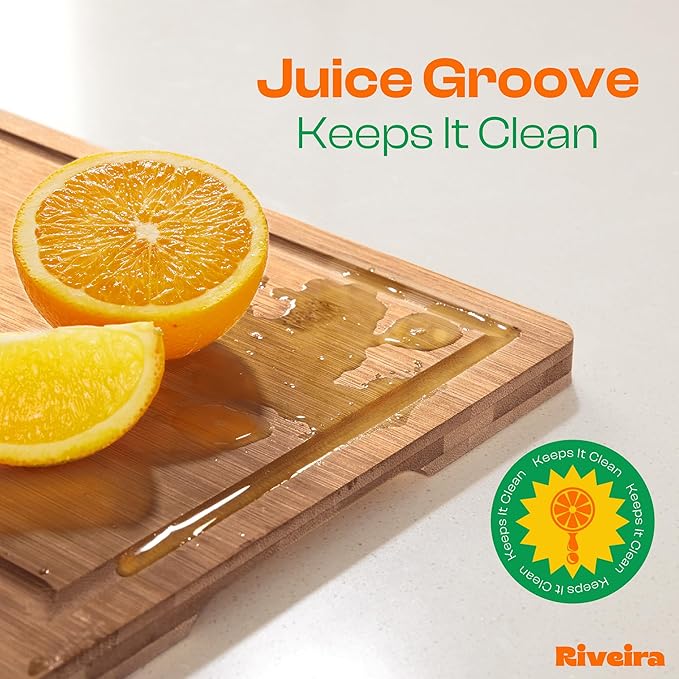 Riveira Brown Bamboo Wood Cutting Board – Gourmet Bamboo Grandeur: 36 x 24 Wooden Cutting Board – Wooden Cutting Boards For Kitchen Decorative – Innovative Juice Grooves Wooden Chopping Board