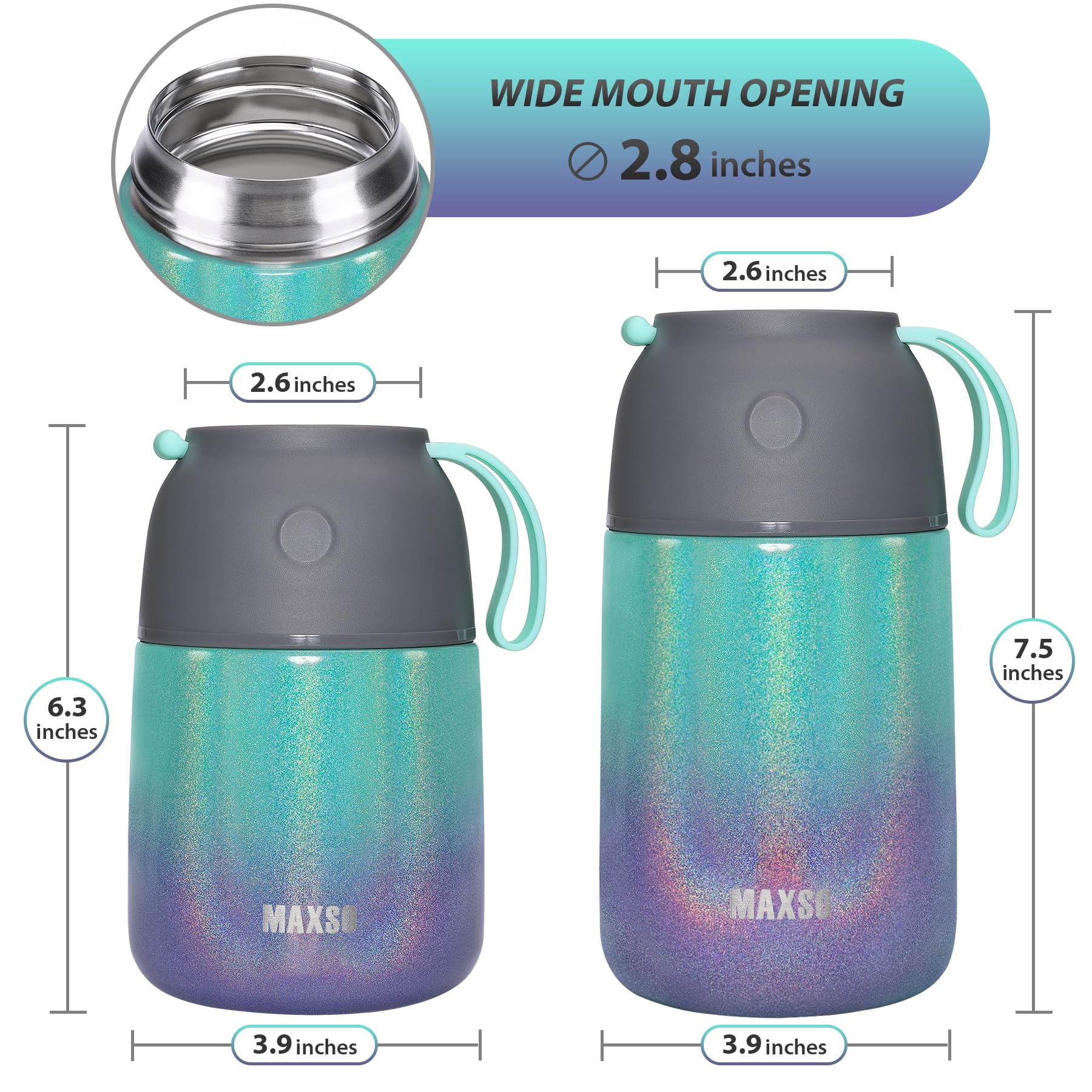 Insulated Thermo Food Jar for Hot & Cold Food for Kids Adult, 17&24 oz Soup Thermal Hot Food Containers for Lunch, Triple Layer Insulation Stainless Steel Food Jar with Spoon(2 Pack Rainbow)