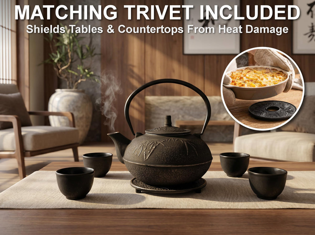 85 Oz XXL Black Bamboo Cast Iron Teapot, Enamel Interior, Infuser & Trivet