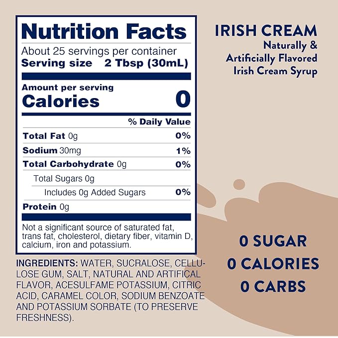 Jordan's Skinny Syrups Sugar Free Coffee Syrup, Irish Cream Flavor Drink Mix, Zero Calorie Flavoring for Lattes, Protein Shake, Food & More, Gluten Free, Keto Friendly, 25.4 Fl Oz, 1 Pack