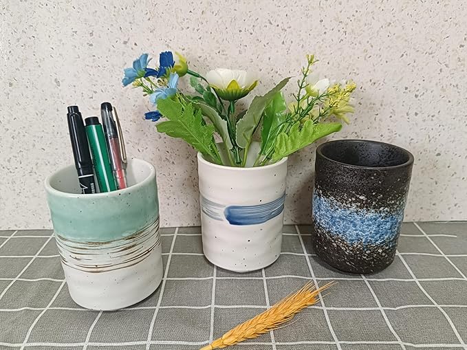 Stoneware Coffee Bar Utensil Holder Tea & Coffee Spoon & Stirrer Holder for Stir Stick Straw Teaspoon Holder Spoon Cup Small Utensil Jar (Blue feather)